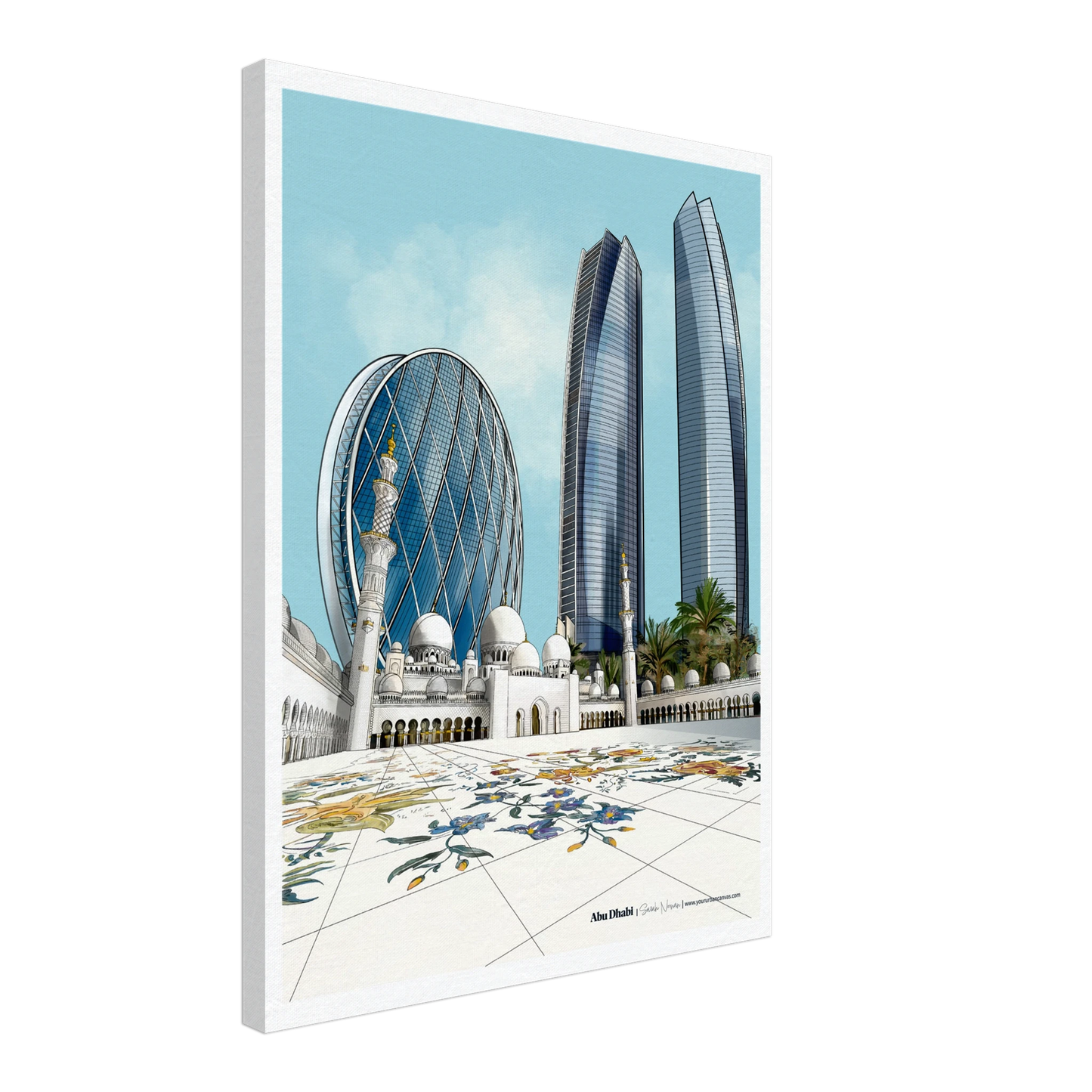 Abu Dhabi - Elegant Subtle Titled city print, 45x60cm - Sheikh Zayed Mosque, Aldar HQ, and Etihad Towers - modern wall art by Your Urban Canvas