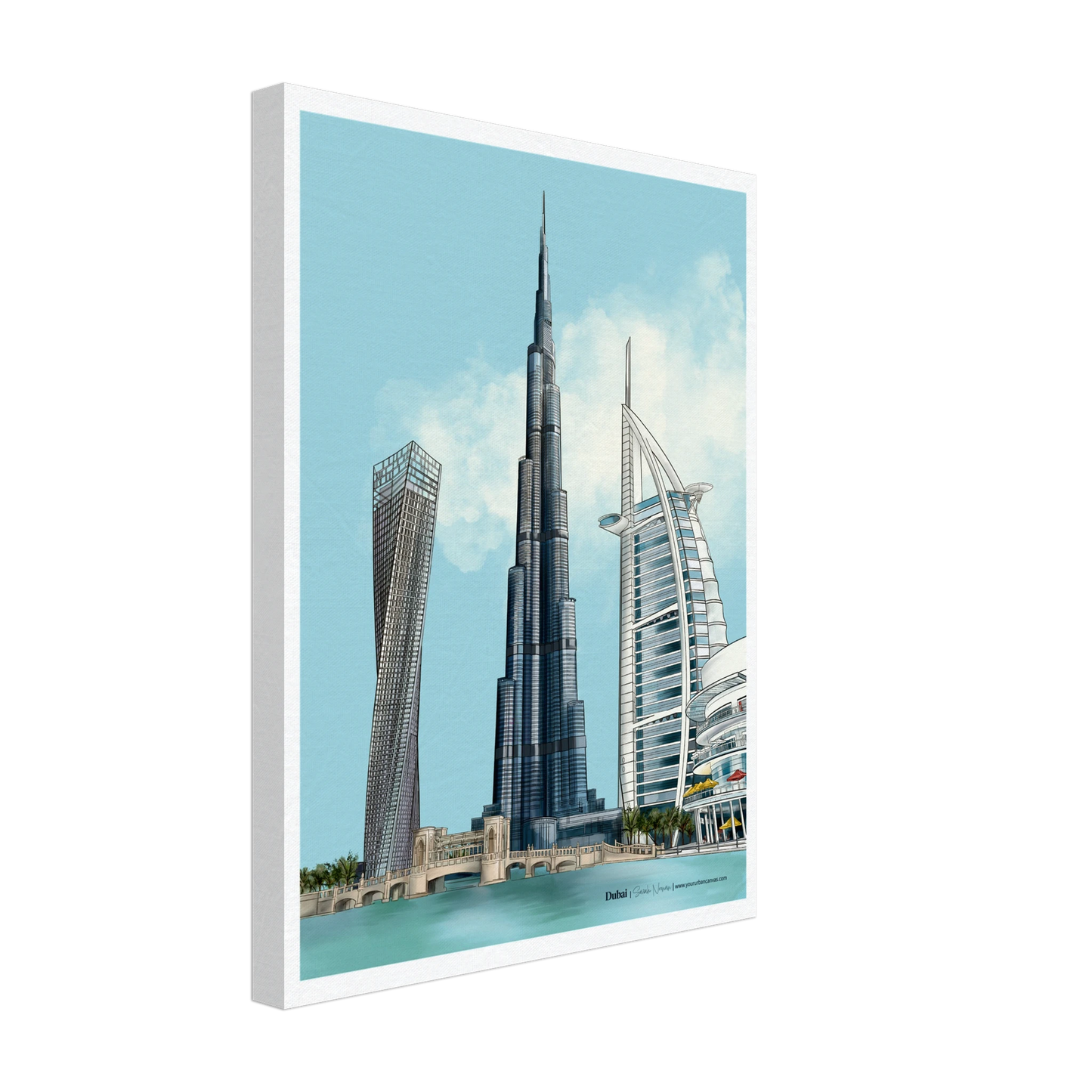 Dubai - Subtle Typography city canvas, 30x40cm - soft, artistic rendering of Burj Khalifa, Burj Al Arab, Cayan Tower, and Dubai Mall, bringing a serene Dubai cityscape into your home.