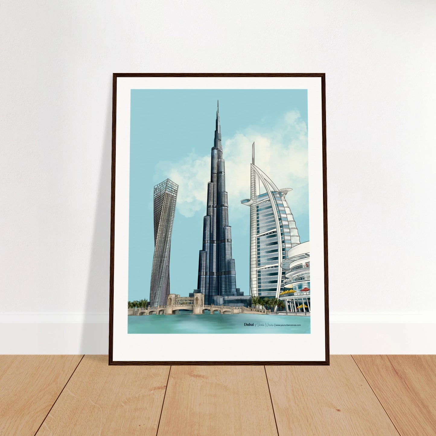 Dubai - Subtle Typography city print,  60x80cmwith dark wood frame - featuring Burj Khalifa, Burj Al Arab, Cayan Tower, and Dubai Mall in muted, harmonious tones. A refined wall art piece for sophisticated spaces.