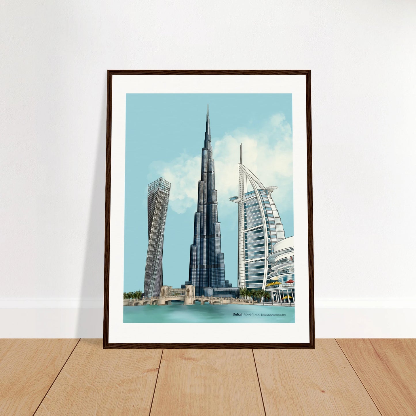 Dubai - Subtle Typography city print, 45x60cm with dark wood frame - featuring Burj Khalifa, Burj Al Arab, Cayan Tower, and Dubai Mall in muted, harmonious tones. A refined wall art piece for sophisticated spaces.