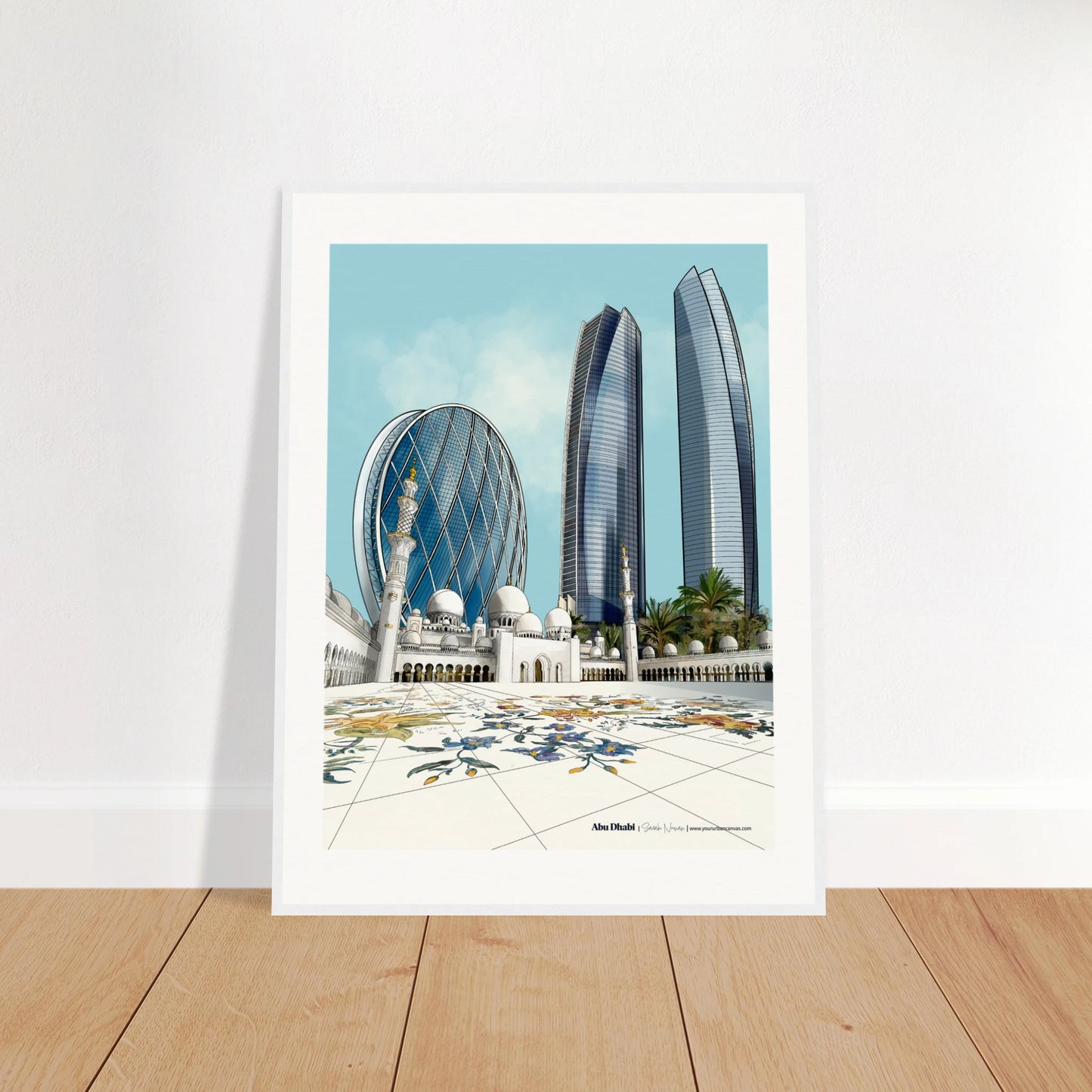 Abu Dhabi - Elegant Subtle Typography city print, 45x60cm with white frame - featuring Sheikh Zayed Grand Mosque, Aldar HQ, and Etihad Towers - wall art by Your Urban Canvas