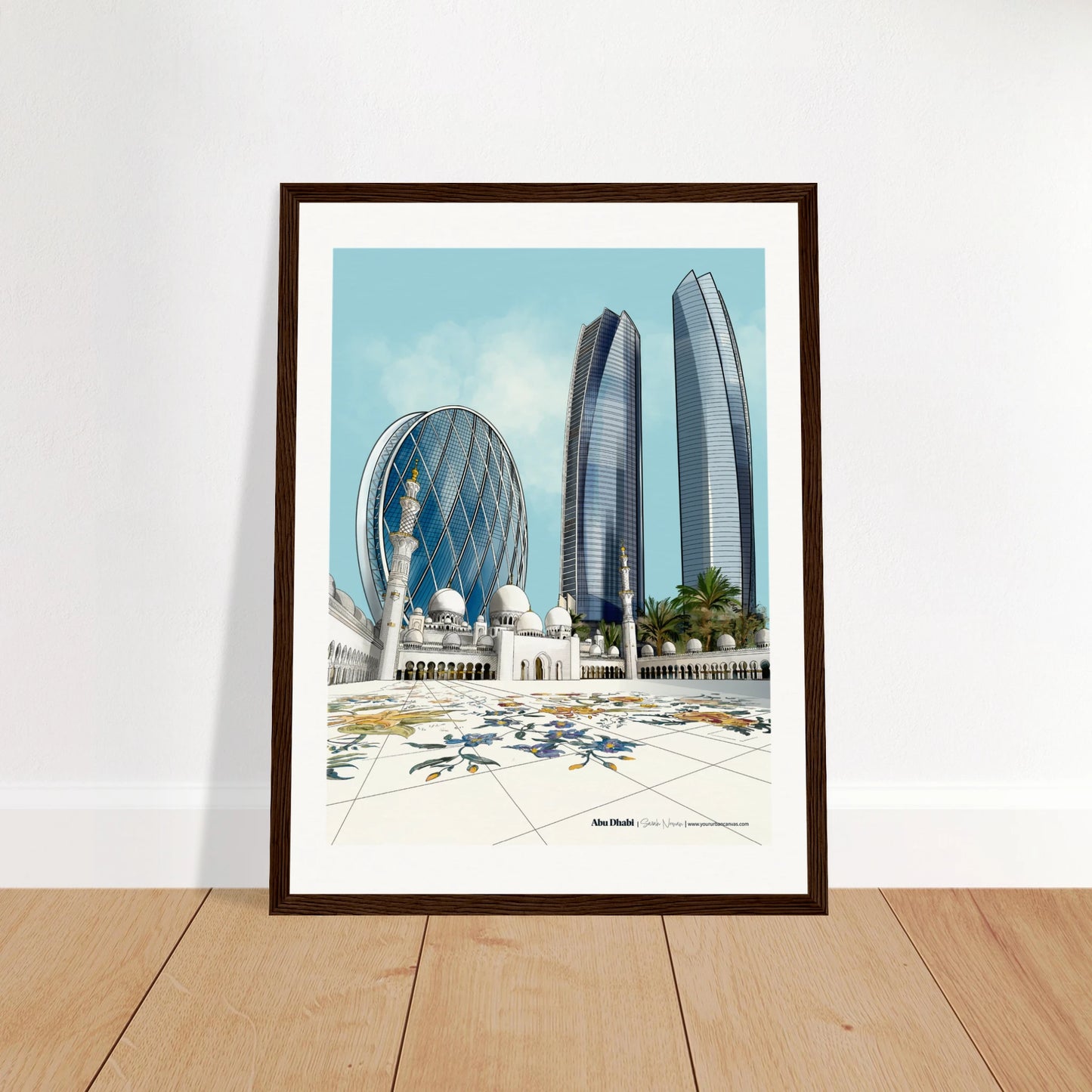 Abu Dhabi - Elegant Subtle Titled city print,  30x40cm with dark wood frame - showcasing Sheikh Zayed Grand Mosque, the  landmark circular building Aldar HQ, and Etihad Towers