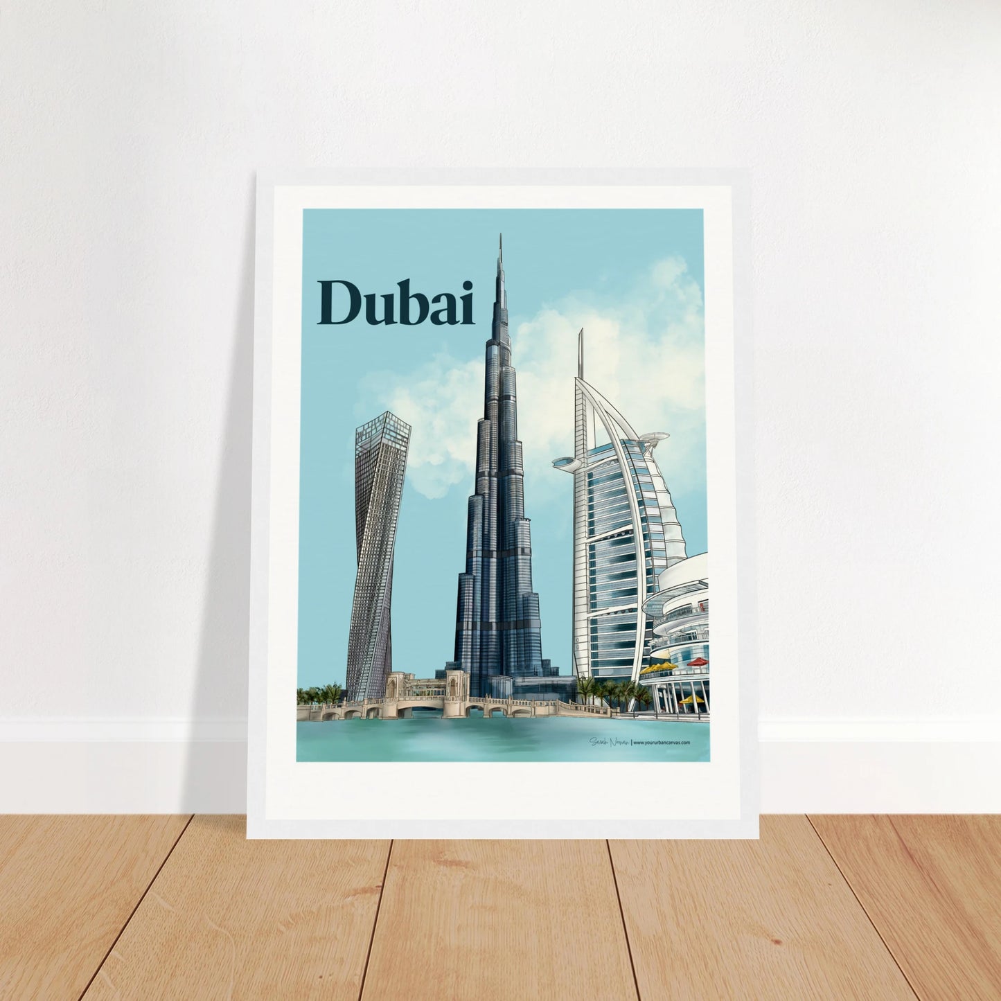 Dubai - Bold Typography city print, 30x40cm with white frame - highlighting Burj Khalifa, Burj Al Arab, Cayan Tower, and Dubai Mall with vibrant colours and architectural contrast.
