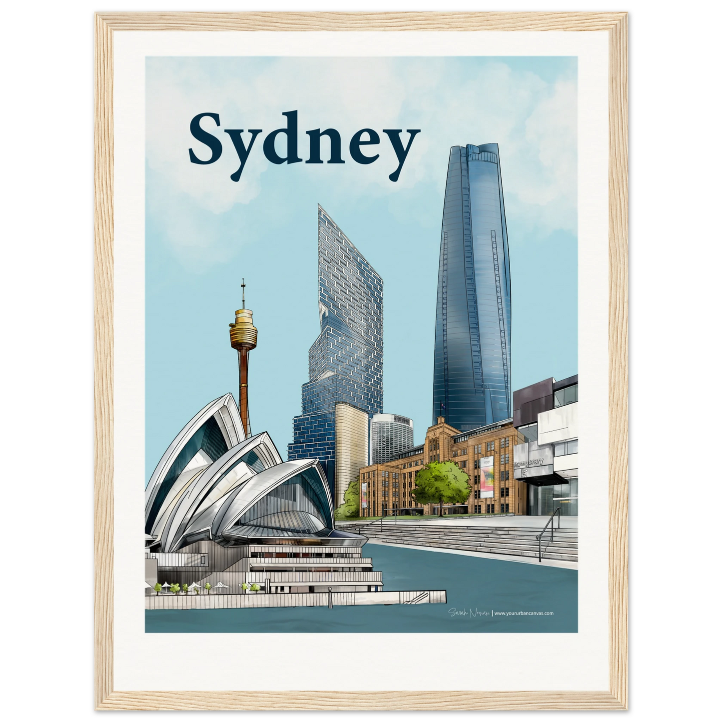 Sydney - Bold Typography print, size 30x40cm, framed in natural wood, featuring a bold Sydney cityscape with the Opera House, MCA, Harbour, and iconic modern buildings.