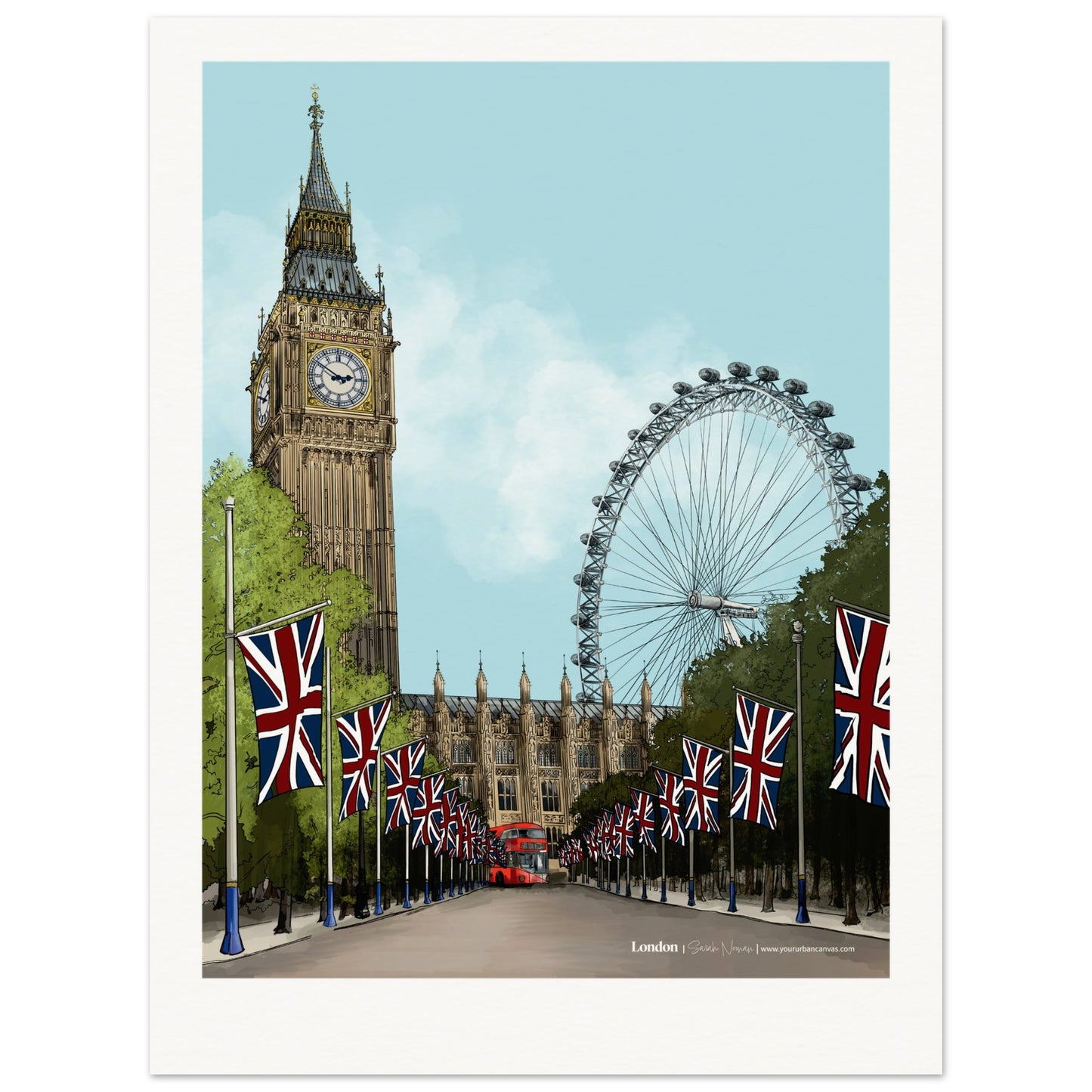 London - Personalised Subtle Title print, showcasing Big Ben, the London Eye, The Mall leading to Buckingham Palace, and a red London bus, customised with your chosen name or message.