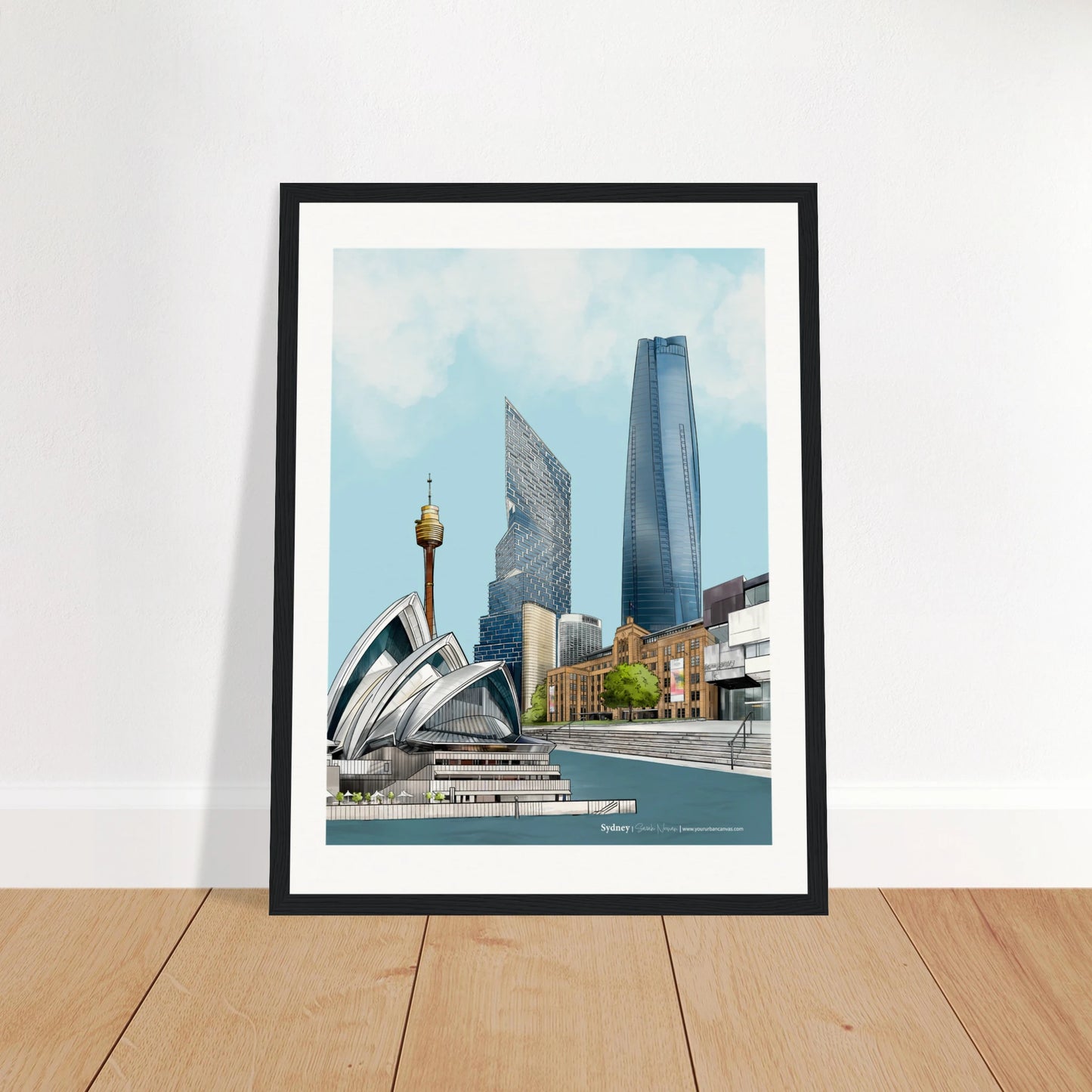 Sydney - Subtle Title print, size 30x40cm, framed in black, capturing the elegance of Sydney's cityscape with the Opera House, Quay Quarter Tower, and the Sydney Tower Eye.