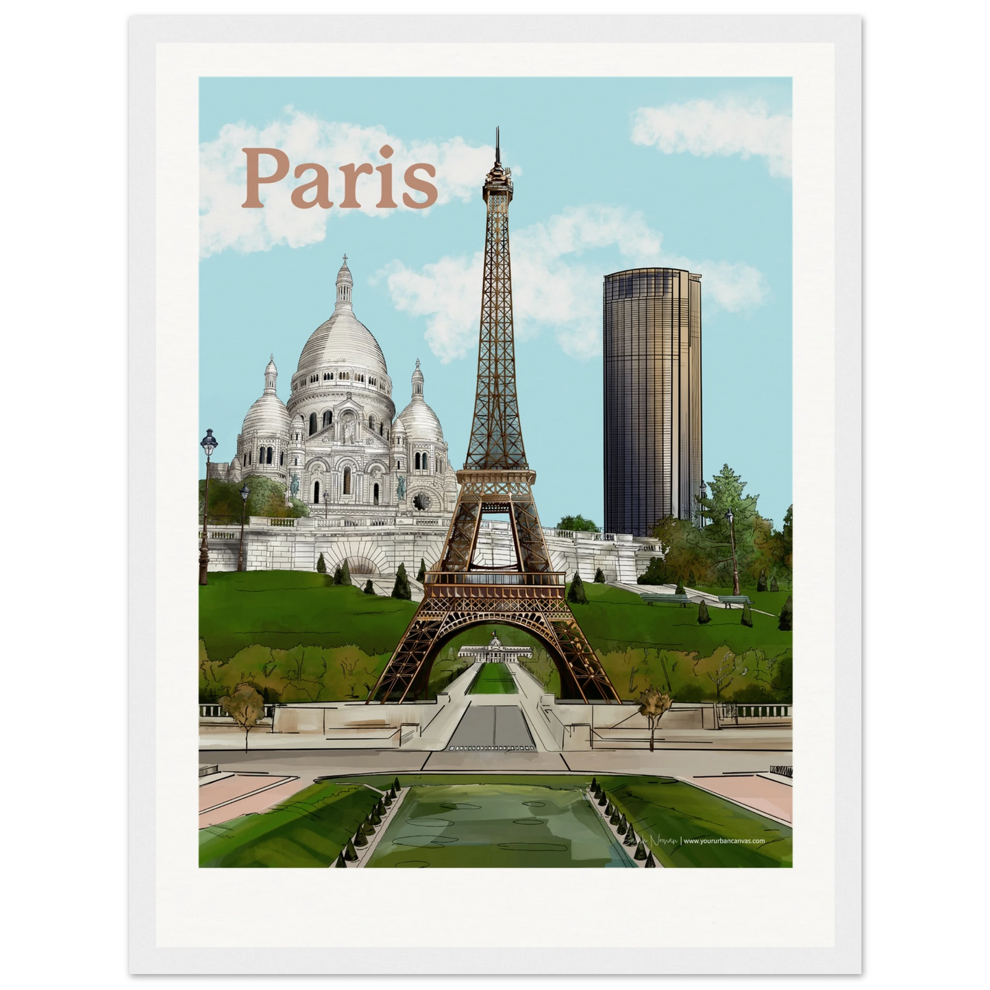Paris - Customise your Bold Typography city print, 30x40cm with white frame - showcasing the prominent structure and beams of the Eiffel Tower, the historical Sacre-Coeur, and the modern Tour Montparnasse. Perfect for brightening walls with Parisian elegance.