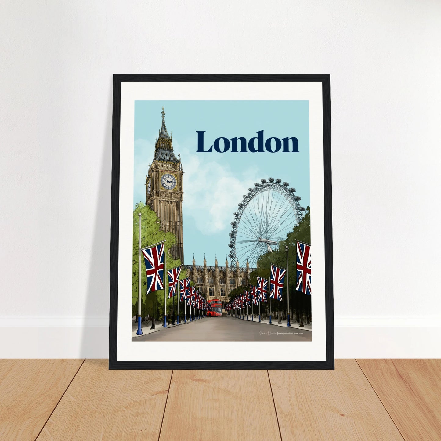 London - Bold Typography print, size 30x40cm, framed in black wood, featuring striking typography with iconic London landmarks like Westminster, Big Ben and of course the iconic red bud. 