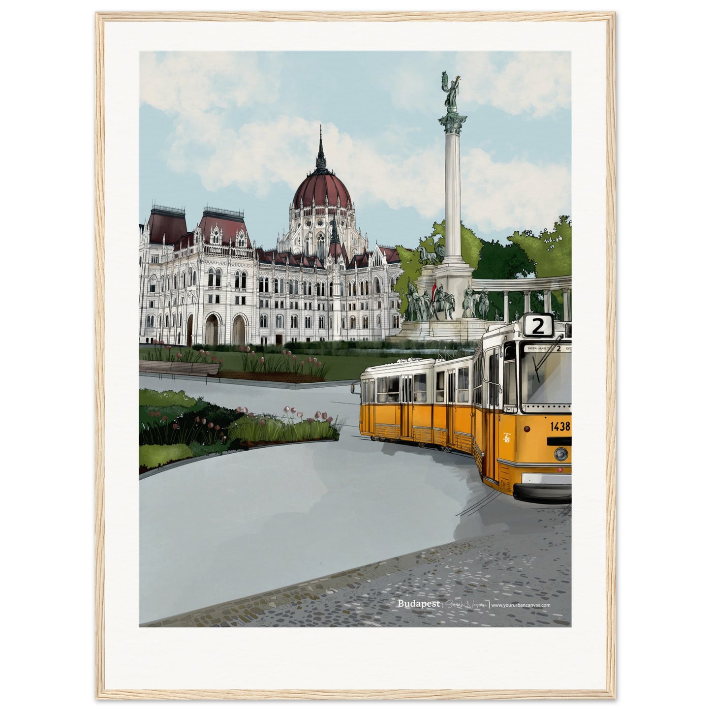 Budapest - Personalised Subtle Title print, size 60x80cm, framed in natural wood, offering a warm and artistic portrayal of the city's most beloved landmarks with a personal touch.