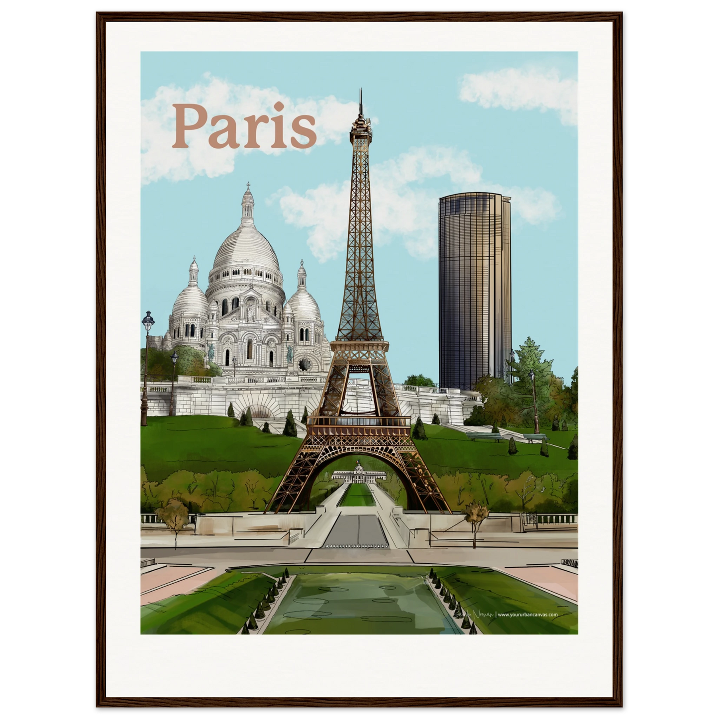 Paris - Add a message to your Bold Typography city print, 60x80cm, with dark wood frame - featuring the Eiffel Tower, Sacre-Coeur, and Tour Montparnasse with surrounding green lawns in front of the Ecole Militaire. A sophisticated wall art piece that combines iconic landmarks with classic framing