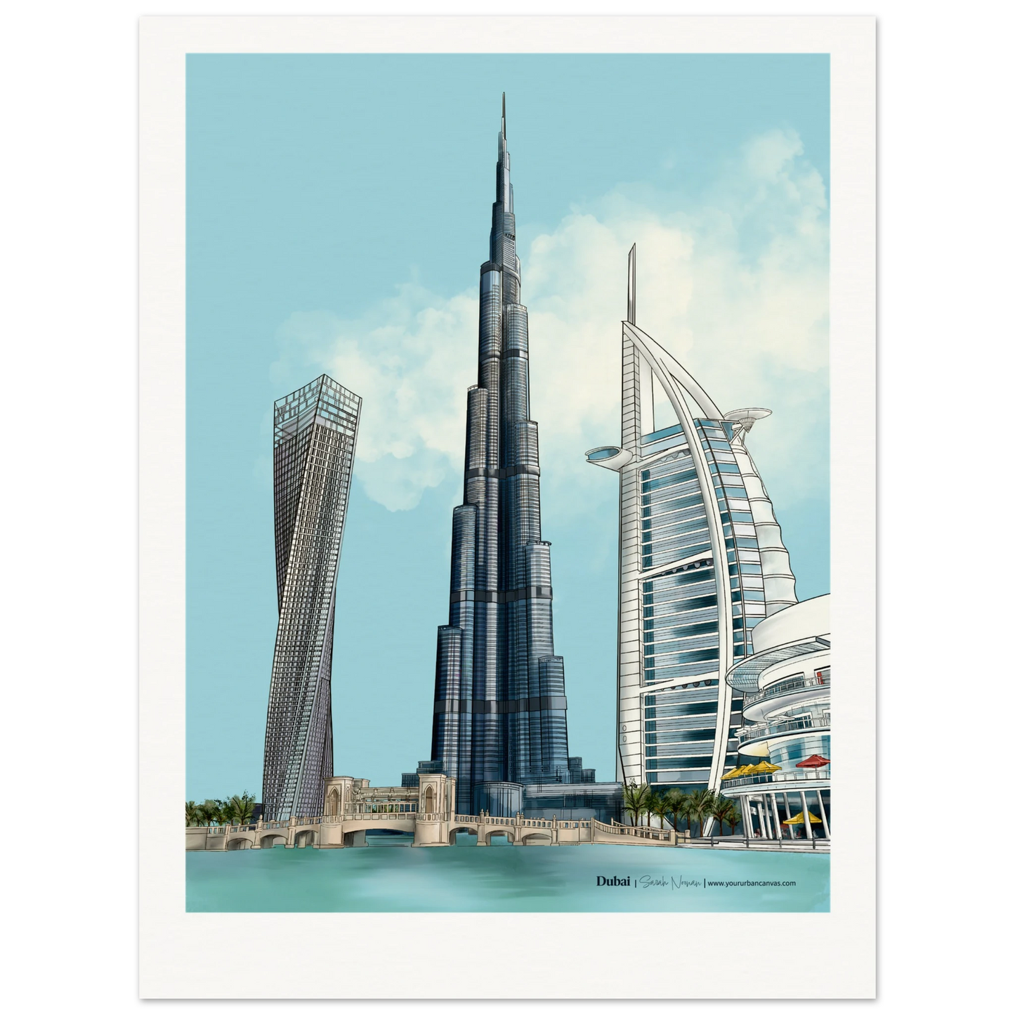 Personalised Dubai subtle typography city print, 30x40cm - a refined, softly toned illustration of the Burj Khalifa, Burj Al Arab, Cayan Tower, and Dubai Mall, completed with personalised text to commemorate a special connection to Dubai