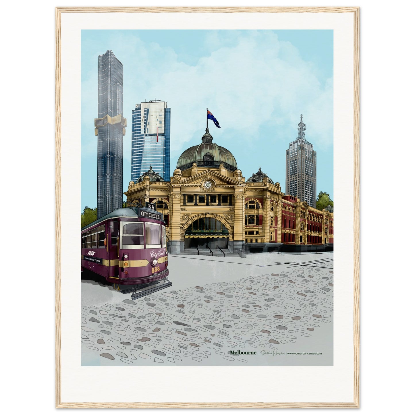 Melbourne - Personalised Subtle Title print, size 60x80cm, framed in natural wood, capturing the warm hues of the city's landmarks with a personal touch.