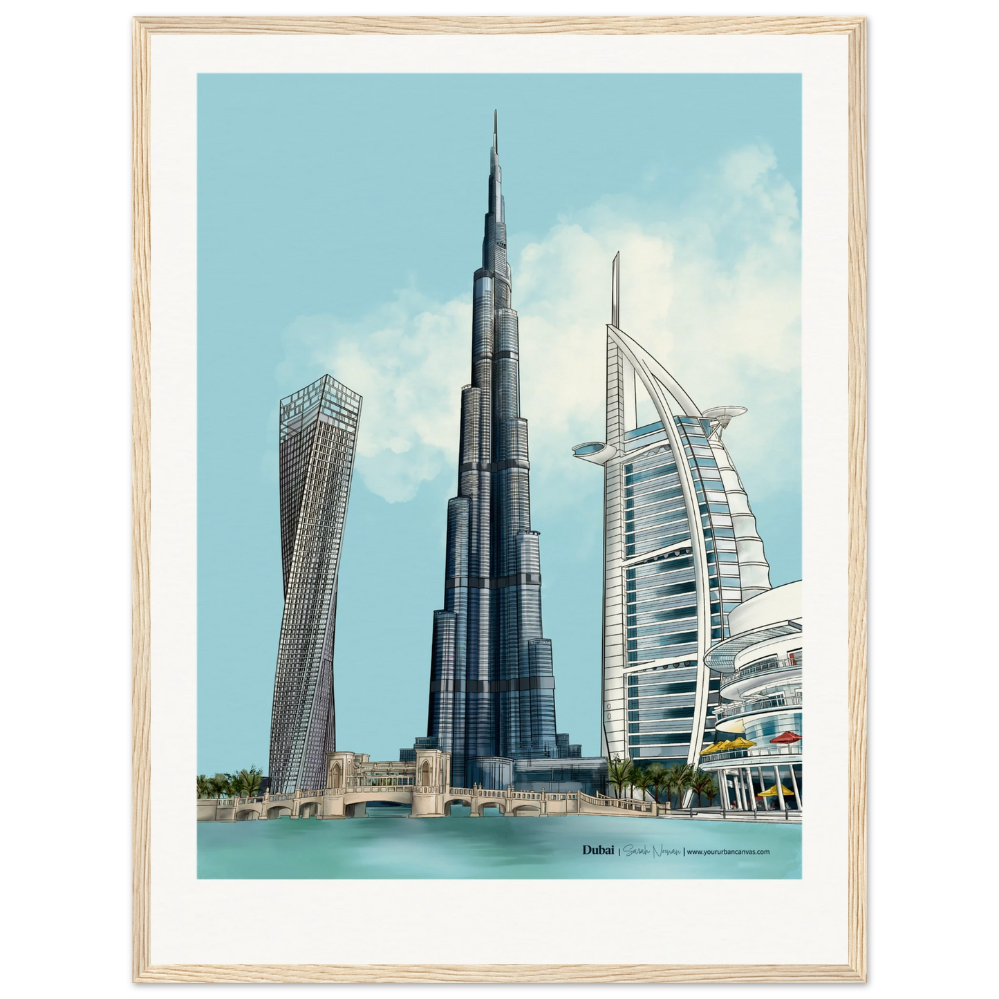 Personalised Dubai subtle typography city print, 45x60cm with natural wood frame - a softly illustrated Dubai skyline featuring Burj Khalifa, Burj Al Arab, and Cayan Tower, personalised to add warmth and quiet elegance to your space