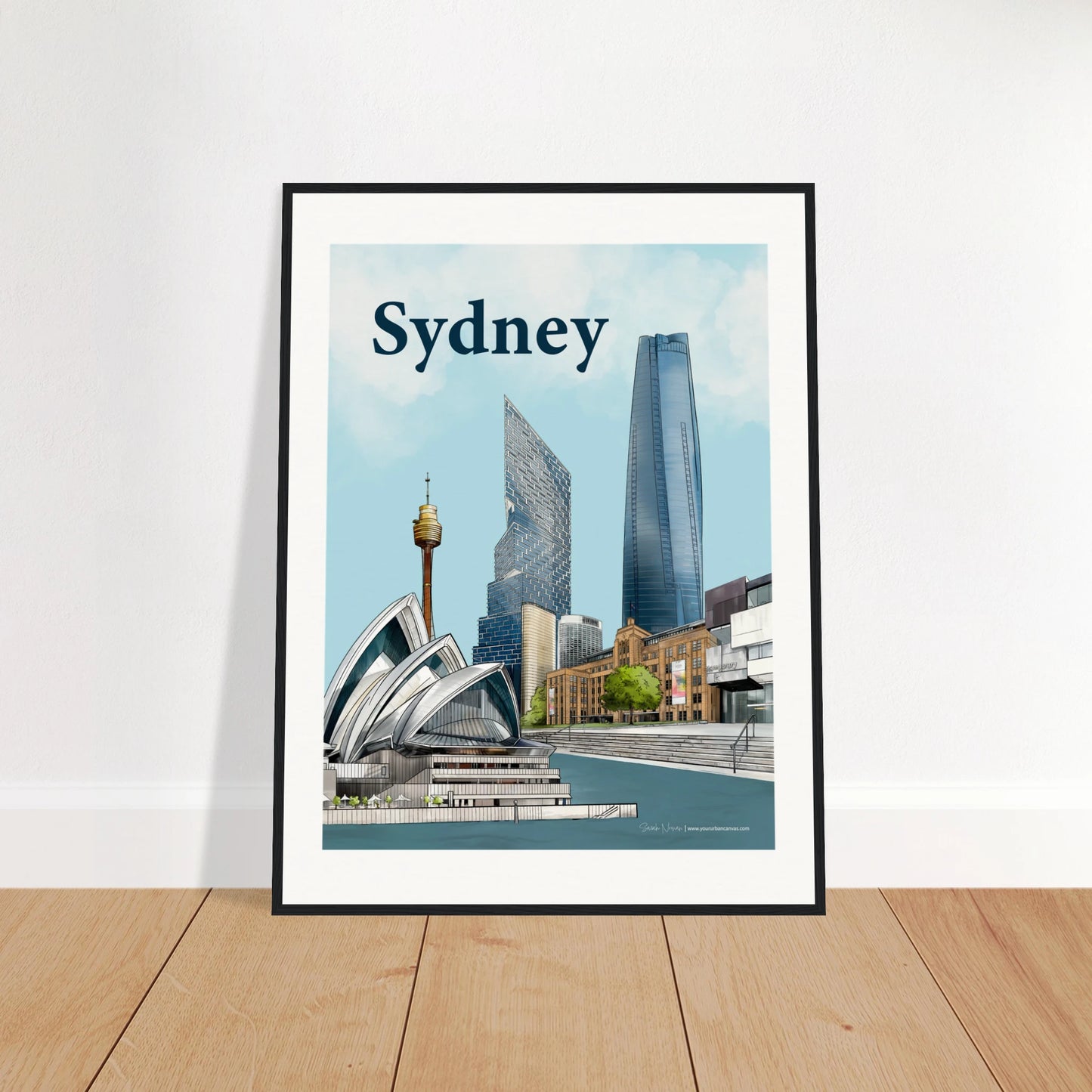 Sydney - Bold Typography print, size 60x80cm, framed in natural wood, displaying a stunning Sydney cityscape with the Opera House, MCA, and modern skyline.