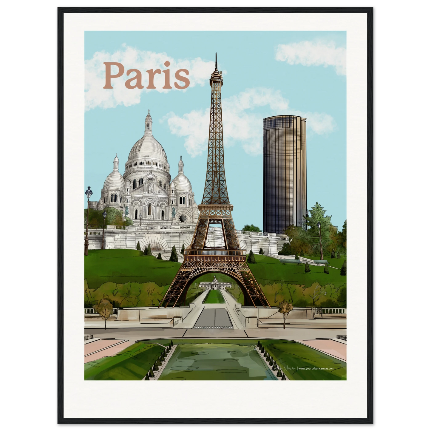 Paris - Add a message to your Bold Typography city print, 60x80cm, with black frame - highlighting the Eiffel Tower, Sacre-Coeur, and Tour Montparnasse, capturing the contrast of Parisian architecture against a warm city glow.