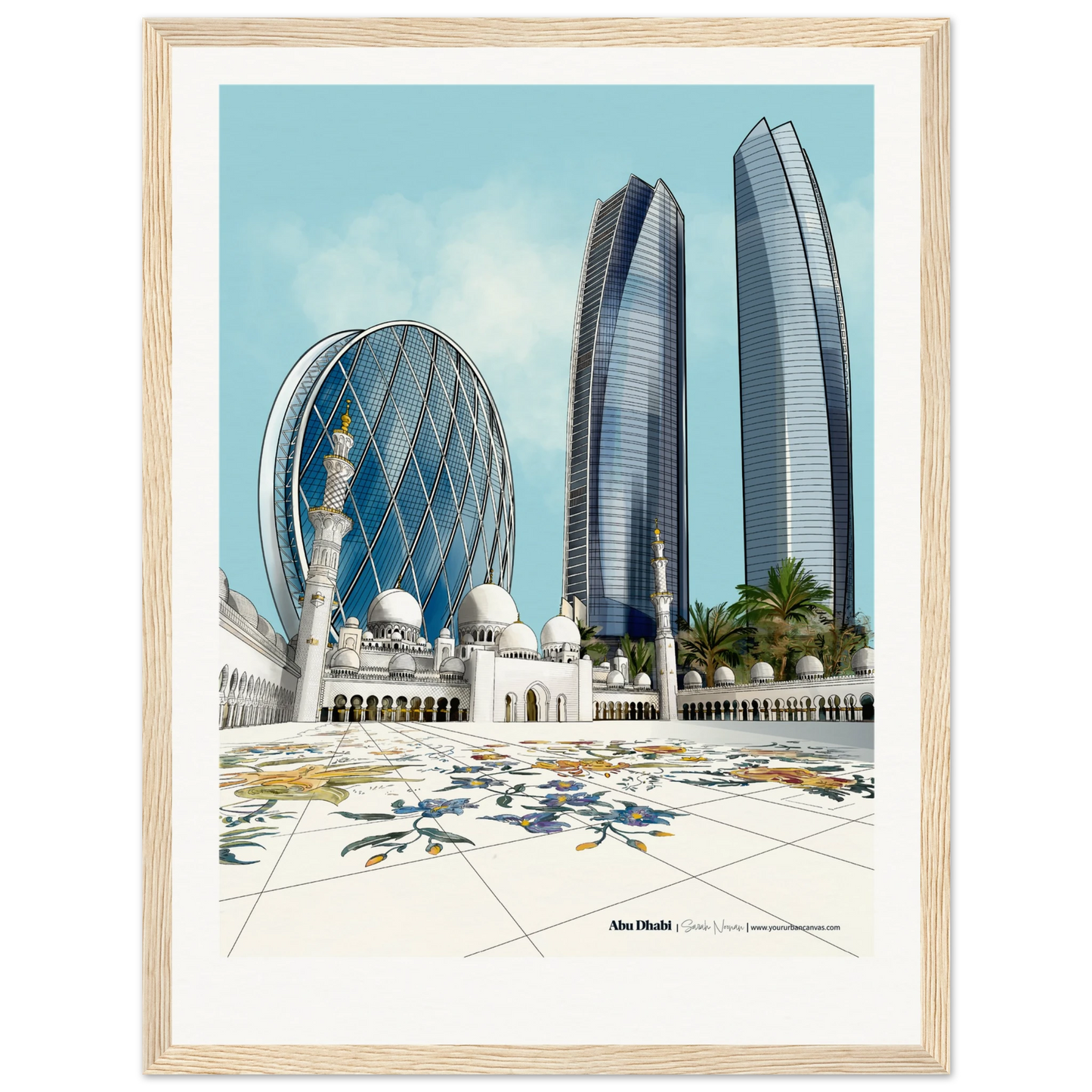 Abu Dhabi -  Add a personal message - Elegant Subtle Titled city print, 30x40cm with natural wood frame -featuring Sheikh Zayed Mosque, Aldar HQ, and Etihad Towers - wall art by Your Urban Canvas