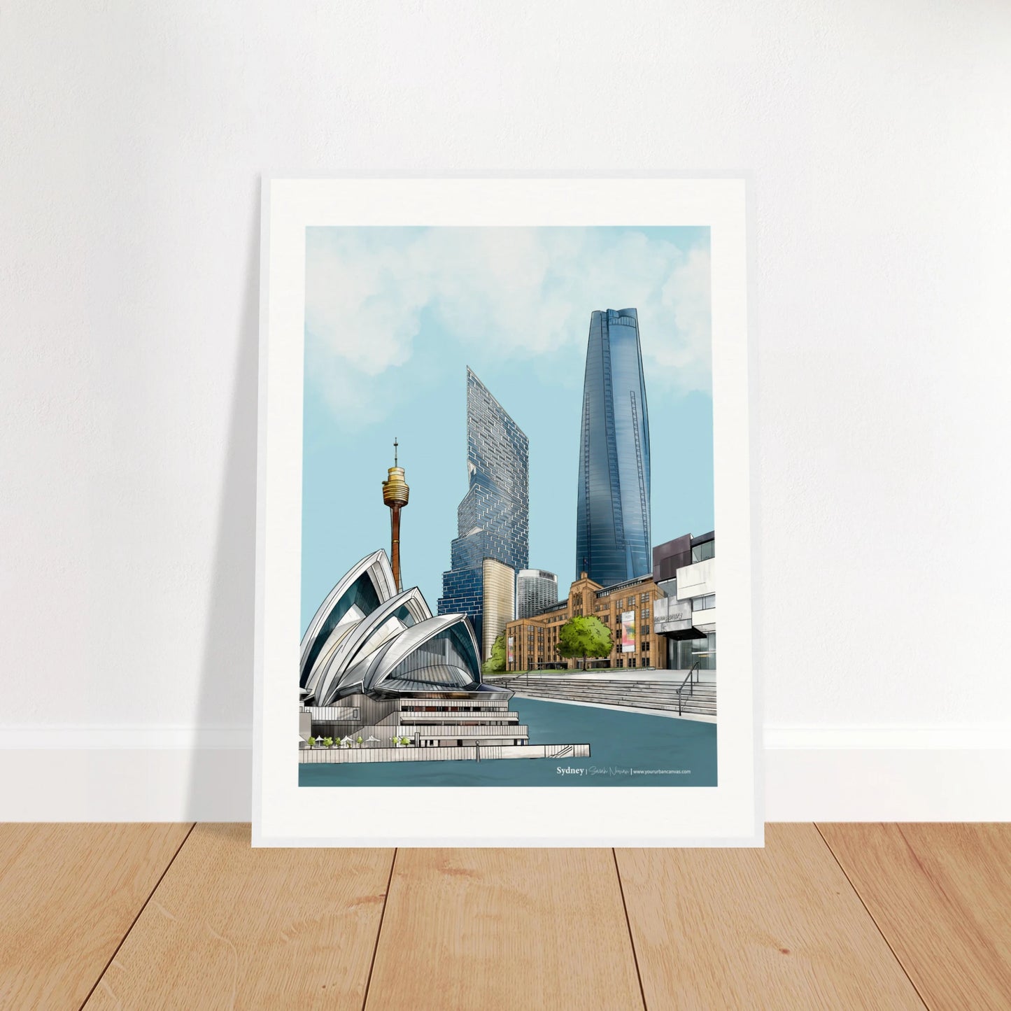 Sydney - Subtle Title print, size 60x80cm, framed in white, presenting an elegant and airy view of the city's modern and historic architecture.