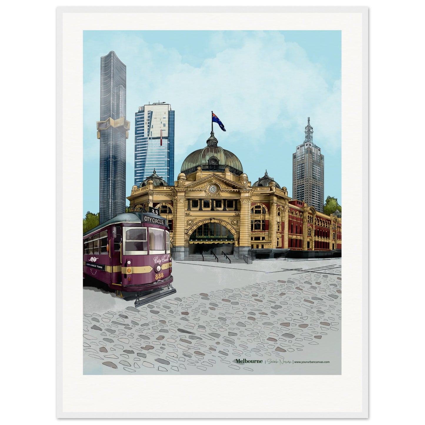 Melbourne - Personalised Subtle Title print, size 60x80cm, framed in white, emphasising the elegance of the city's architecture with a bespoke inscription.