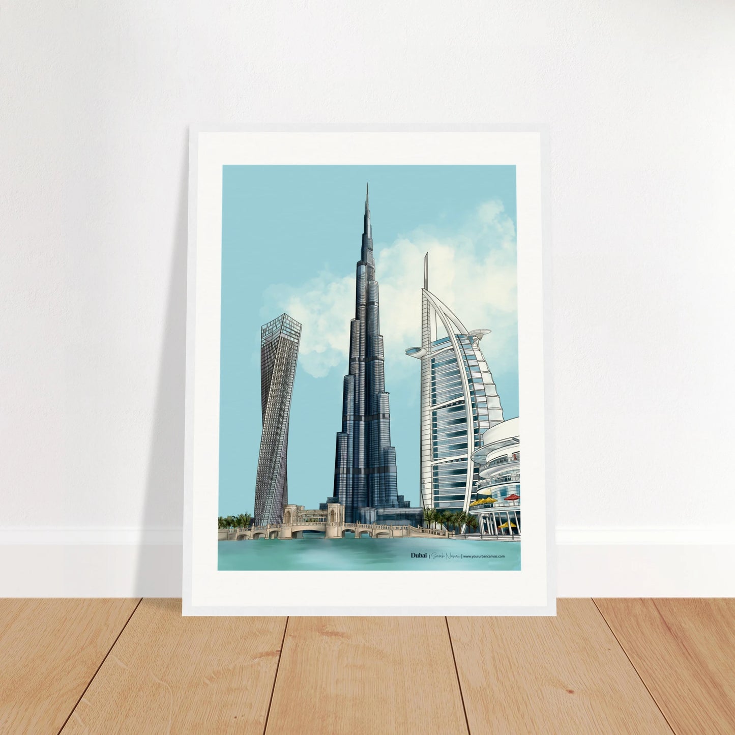 Dubai - Subtle Typography city print,45x60cm with white frame - highlighting Burj Khalifa, Burj Al Arab, Cayan Tower, and Dubai Mall in delicate shades for a bright, elegant display.