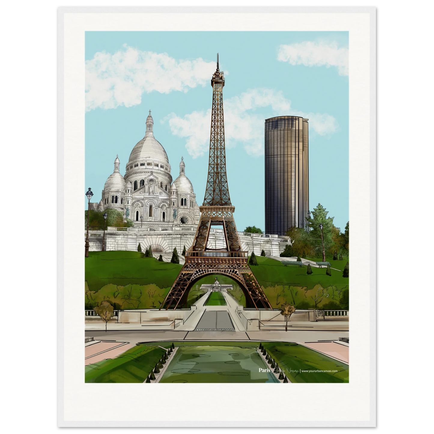 Paris - Personalise your Subtle Typography city print,  60x80cm with white frame - highlighting the Eiffel Tower, Sacre-Coeur, and Tour Montparnasse in delicate shades, perfect for softening your walls with a Parisian glow.