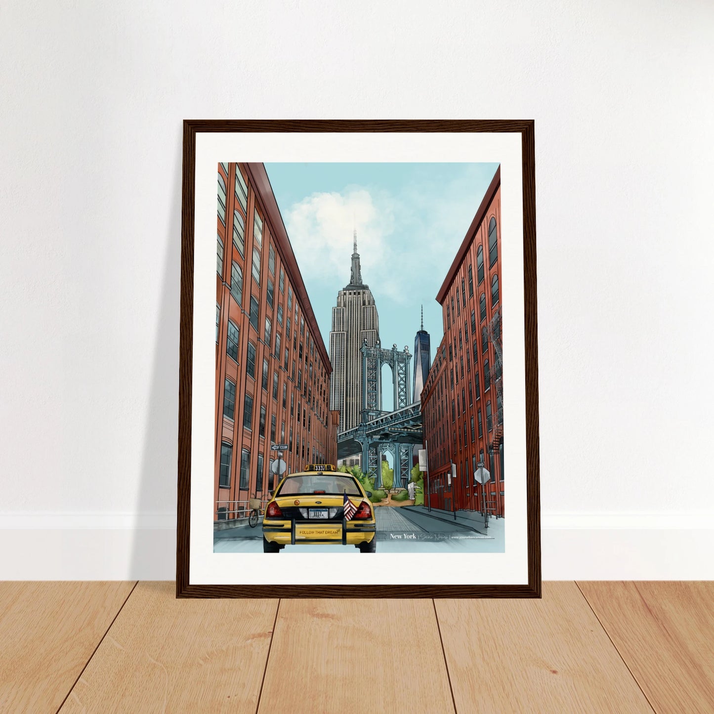 New York - Subtle Title print, size 30x40cm, framed in dark wood, showcasing the Dumbo Manhattan Bridge view with the Empire State Building and One World Trade Center in the distance.