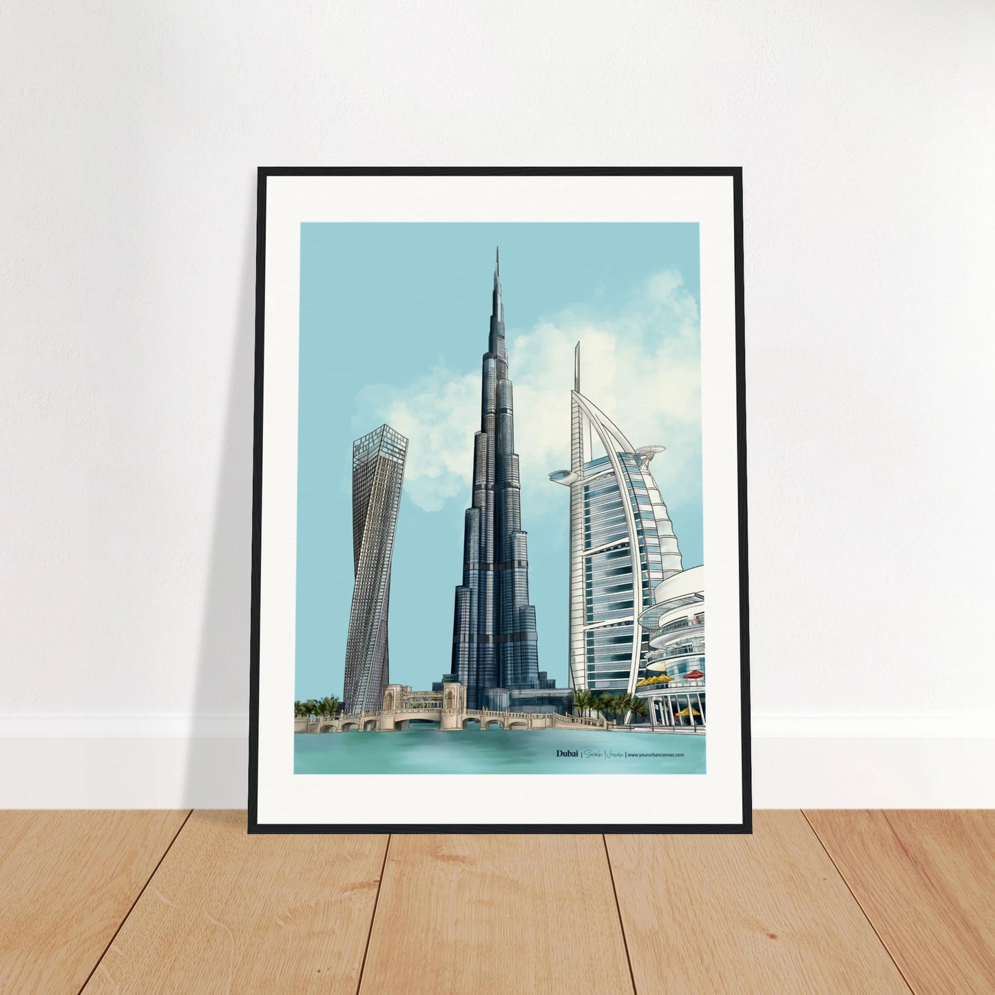 Dubai - Subtle Typography city print,  60x80cm with black frame - showcasing Burj Khalifa, Burj Al Arab, Cayan Tower, and Dubai Mall in understated contrast for a modern cityscape.