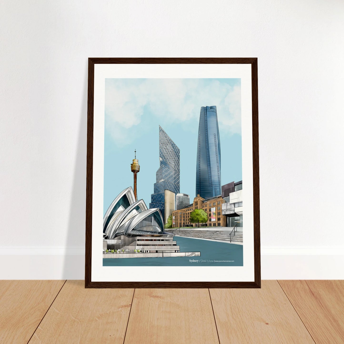 Sydney - Subtle Title print, size 30x40cm, framed in dark wood, showcasing the architectural beauty of the Sydney Opera House and Sydney Harbour, with the Sydney Tower Eye in the distance.
