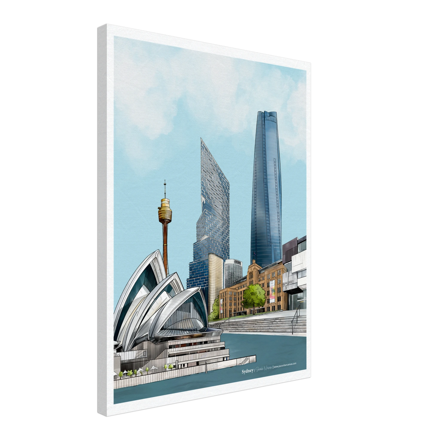Sydney - Subtle Title print, size 45x60cm, on canvas, depicting the breath-taking skyline of Sydney, including the Sydney Opera House and Sydney Tower Eye.