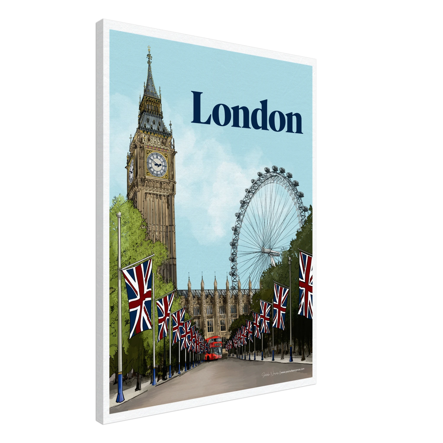 London - Bold Typography on canvas, size 60x80cm, comprehensive painting of iconic London Landmarks, loved by tourists and locals. 