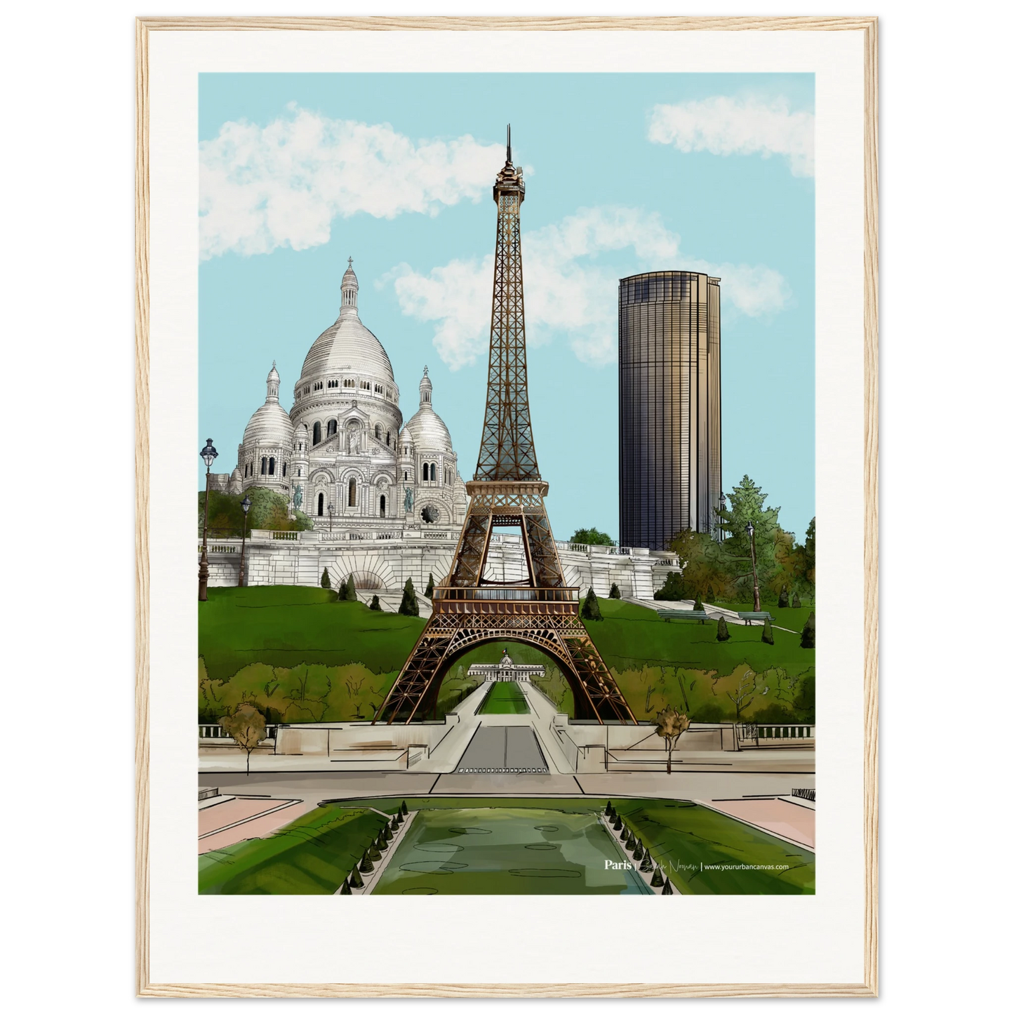 Paris - Customise your Subtle Typography city print, 60x80cm with natural wood frame - featuring gentle depictions of the Eiffel Tower, Sacre-Coeur, and Tour Montparnasse. The warm frame complements the soft tones of this serene Paris skyline.