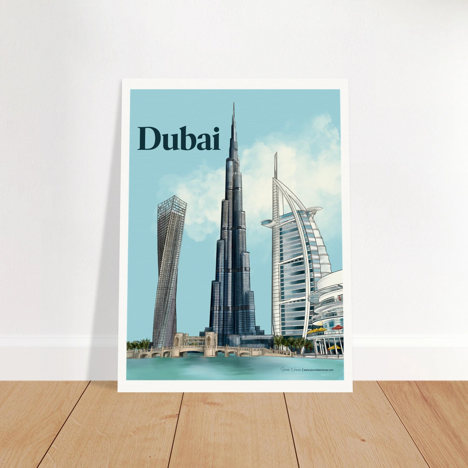Dubai - Bold Typography city print, 45x60cm - featuring the iconic Burj Khalifa, sail-shaped Burj Al Arab, twisting Cayan Tower, and bustling Dubai Mall. Bold colours and sharp lines capture the energy of Dubai's skyline.
