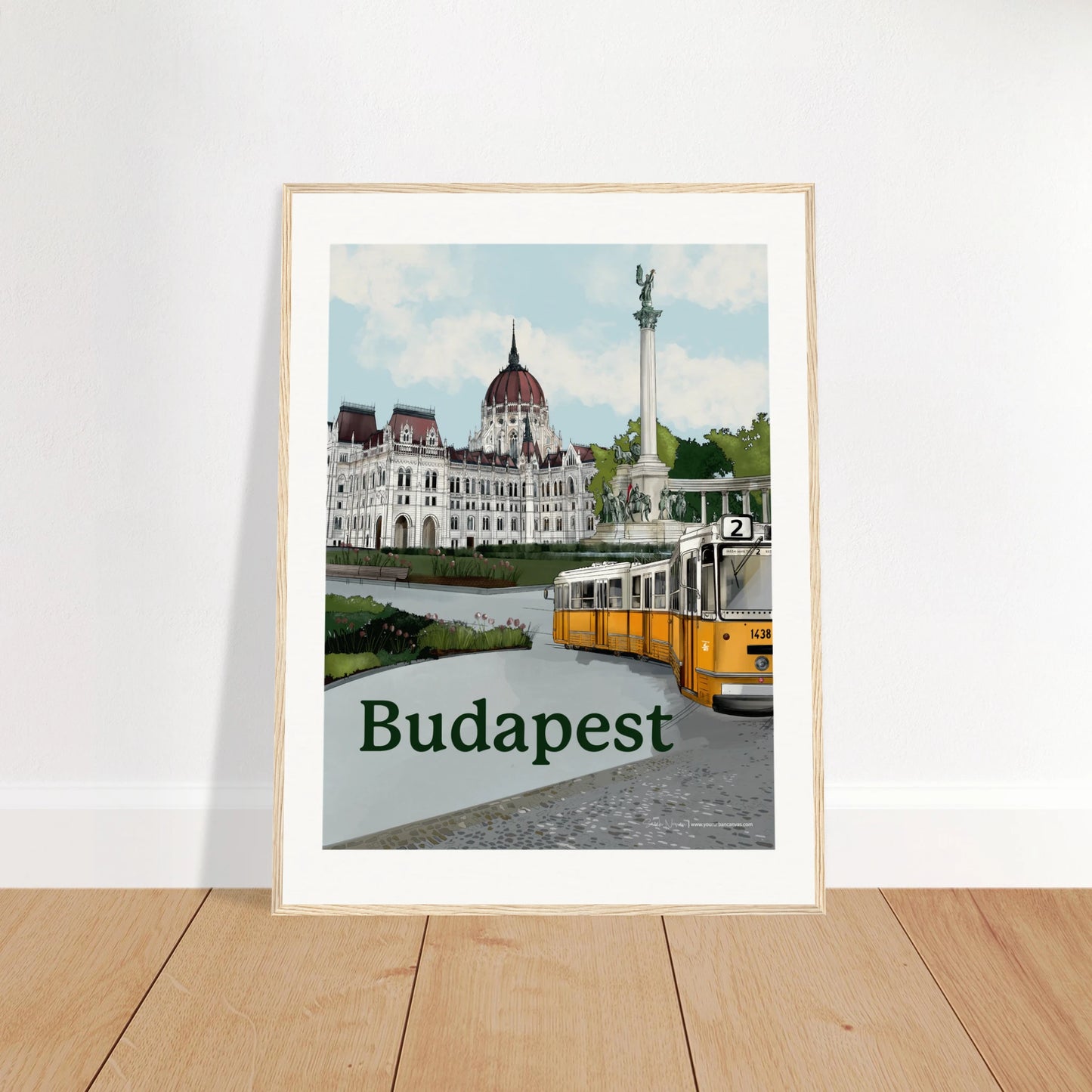 Budapest - Bold Typography print, size 60x80cm, framed in natural wood, offering a clean and stylish representation of Budapest, featuring its famous landmarks and historic cobbled roads.