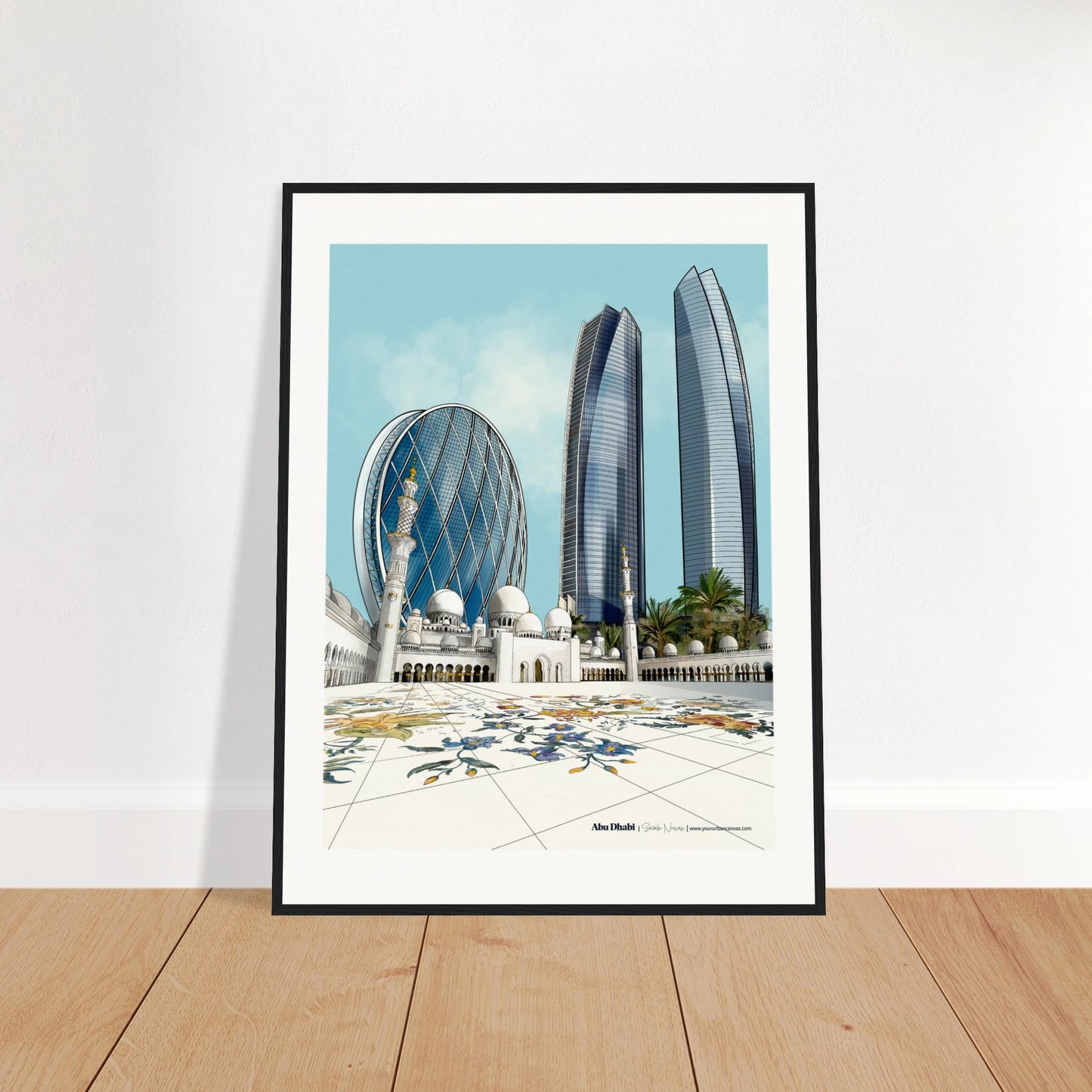 Abu Dhabi - Elegant Subtle Titled city print, 60x80cm with black frame - Sheikh Zayed Mosque, Aldar HQ, and Etihad Towers - skyline wall art by Your Urban Canvas