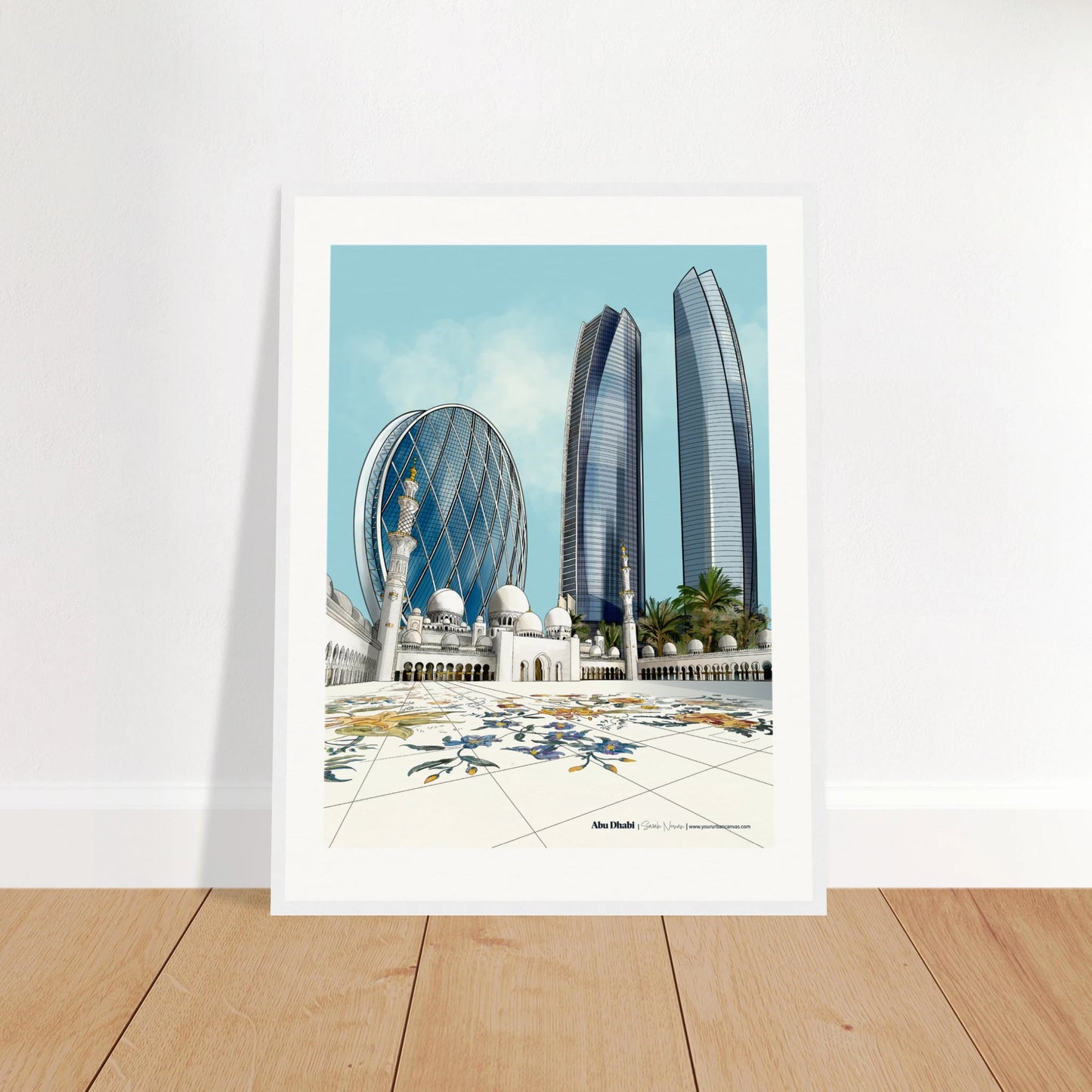 Abu Dhabi - Elegant Subtle Typography city print, 45x60cm with white frame - featuring Sheikh Zayed Grand Mosque, Aldar HQ, and Etihad Towers - wall art by Your Urban Canvas