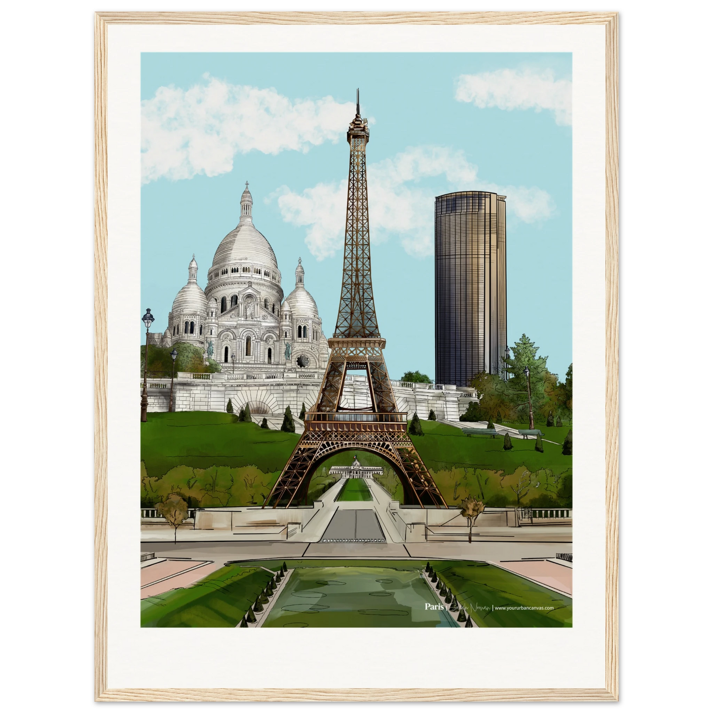 Paris - Personalise your Subtle Typography city print,  45x60cm with natural wood frame - featuring gentle depictions of the Eiffel Tower, Sacre-Coeur, and Tour Montparnasse. The warm frame complements the soft tones of this serene Paris skyline.