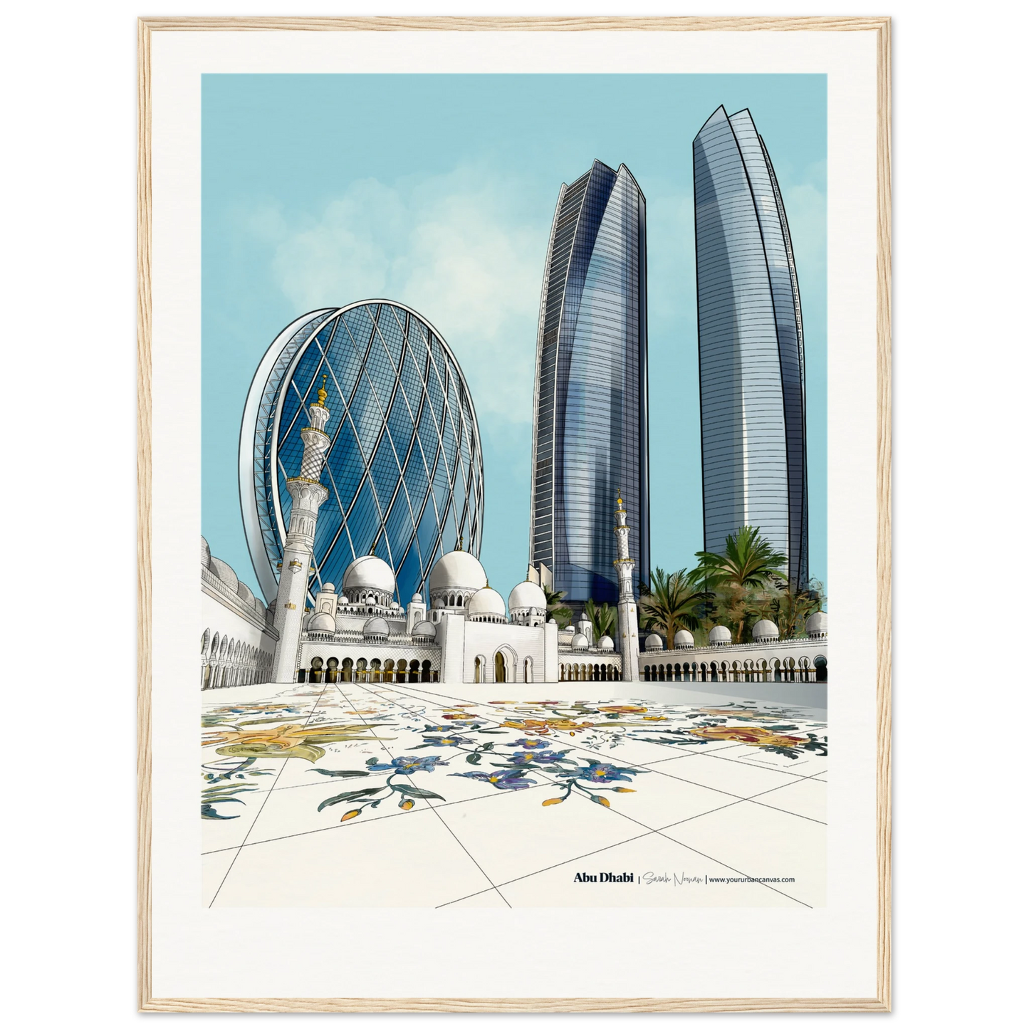 Abu Dhabi - Customise with your message Architectural focused Subtle Titled city print, 60x80cm with natural wood frame -featuring Sheikh Zayed Mosque, Aldar HQ, and Etihad Towers - wall art by Your Urban Canvas