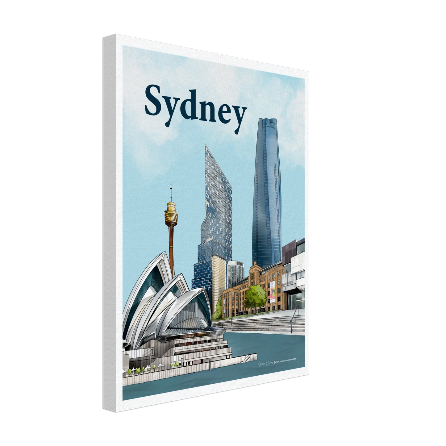 Sydney - Bold Typography canvas, size 45x60cm, displaying a vibrant Sydney skyline with the Opera House, MCA, and Harbour.