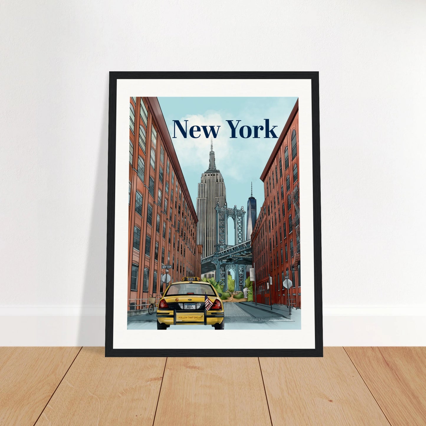 New York - Bold Typography print, size 30x40cm, framed in black wood, highlighting the Dumbo Manhattan Bridge view with New York's skyline, a yellow taxi, and classic city street signs.