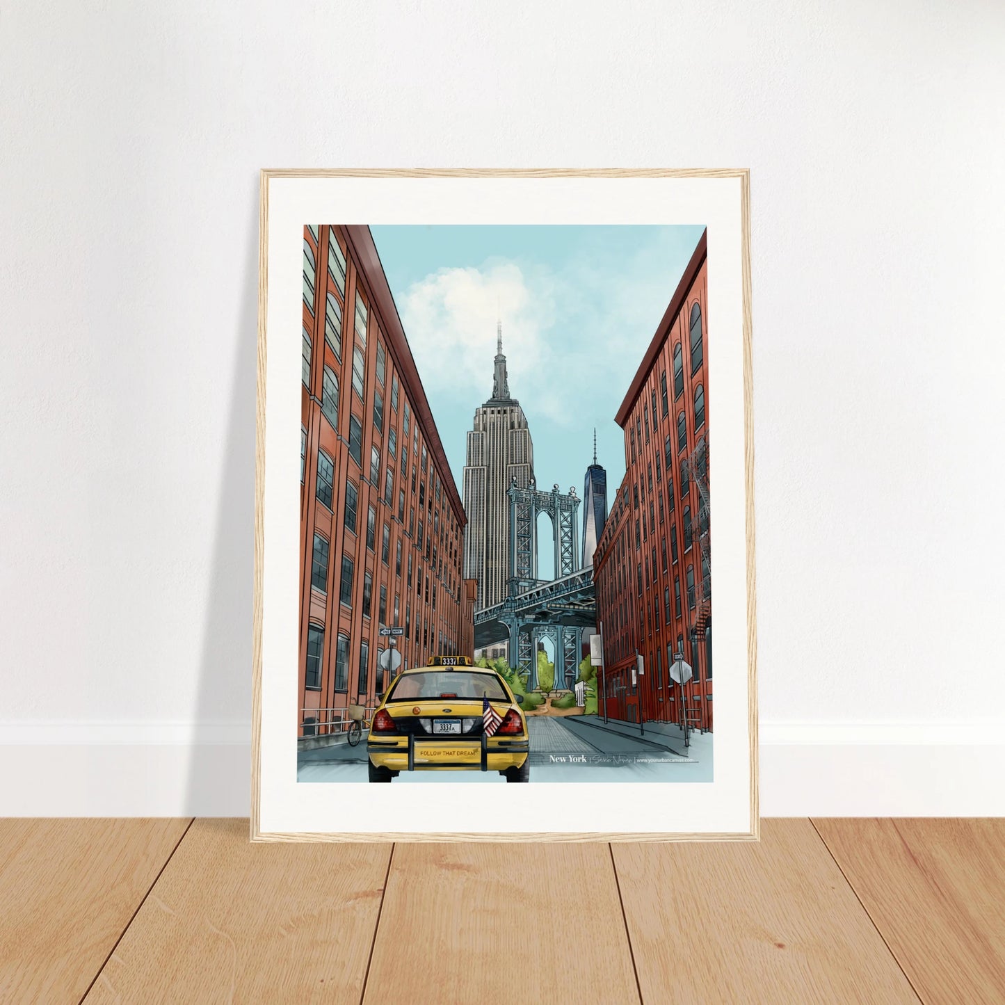 New York - Subtle Title print, size 60x80cm, framed in natural wood, bringing out the rich textures of the city's streets and skyline.