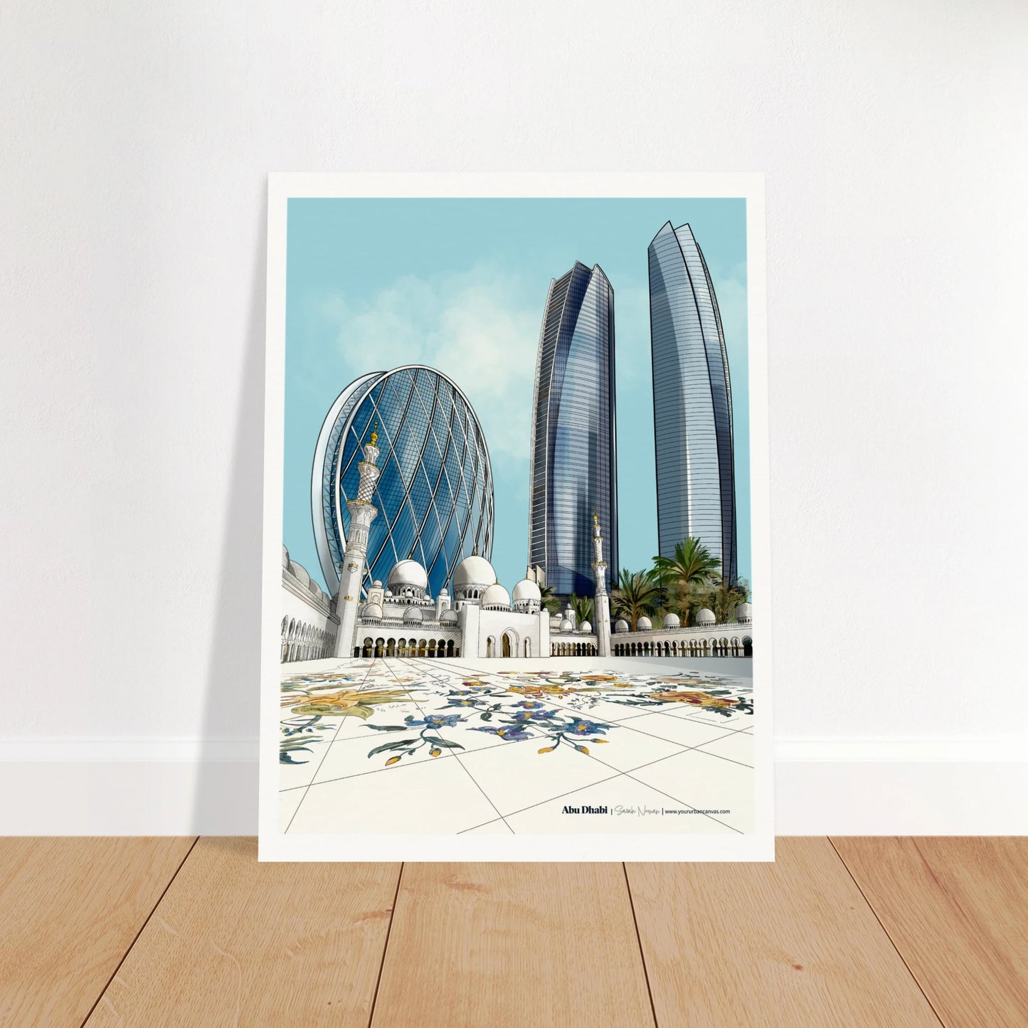 Abu Dhabi - Elegant Subtle Typography city print - from the stunning white marble with beautiful flower mosiacs and sunlit domes to shimmering skyscrapers.