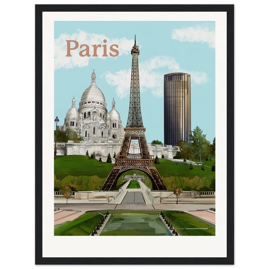 Paris  - Add a message to your Bold Typography city print, 30x40cm with black frame - highlighting the Eiffel Tower, Sacre-Coeur, and Tour Montparnasse, capturing the contrast of Parisian architecture against a warm city glow.