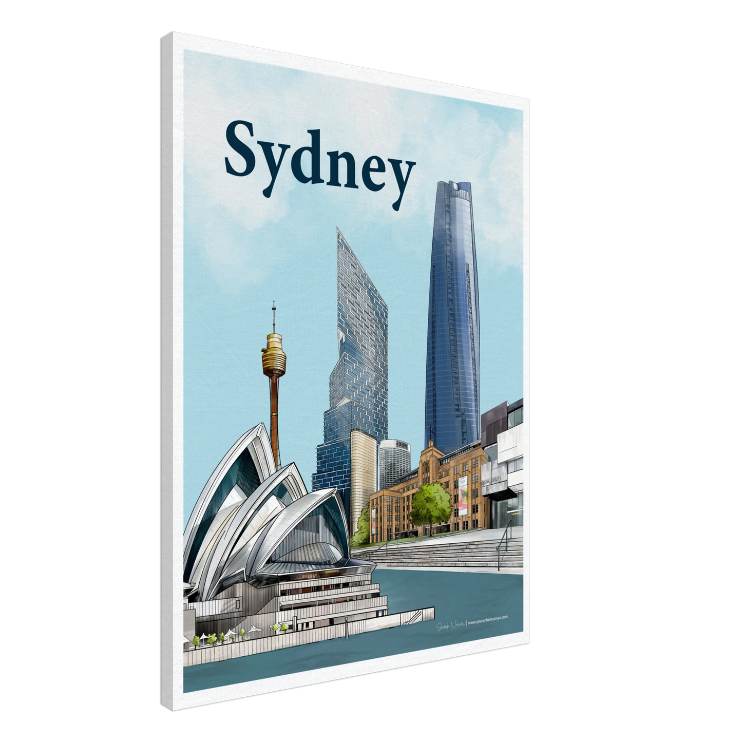 Sydney - Bold Typography canvas, size 60x80cm, featuring the Opera House, MCA, Sydney Harbour, and the city's skyline.