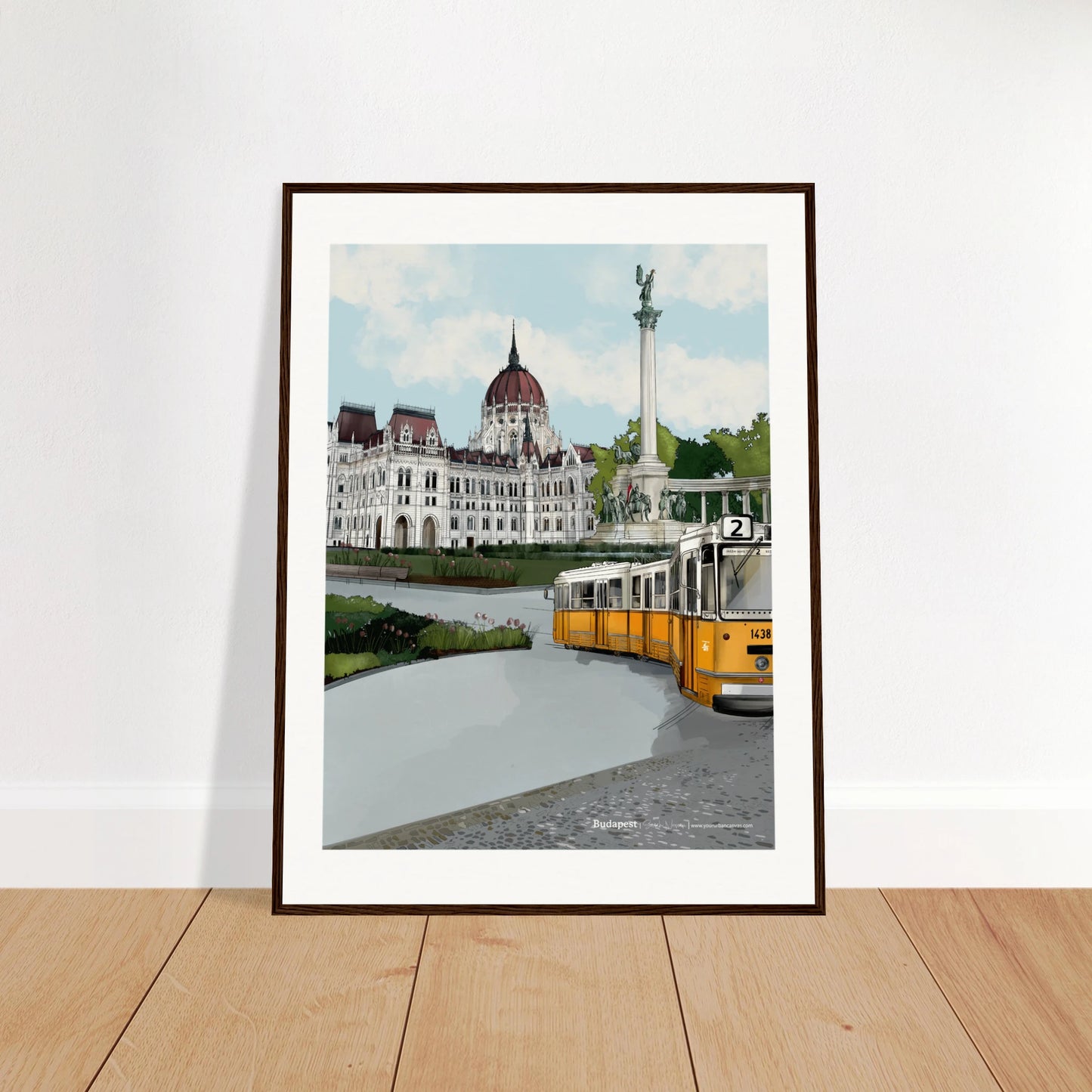 Budapest - Subtle Title print, size 60x80cm, framed in dark wood, showcasing Budapest's iconic architecture, including the Parliament, Heroes' Square, and the yellow tram on the cobbled streets.