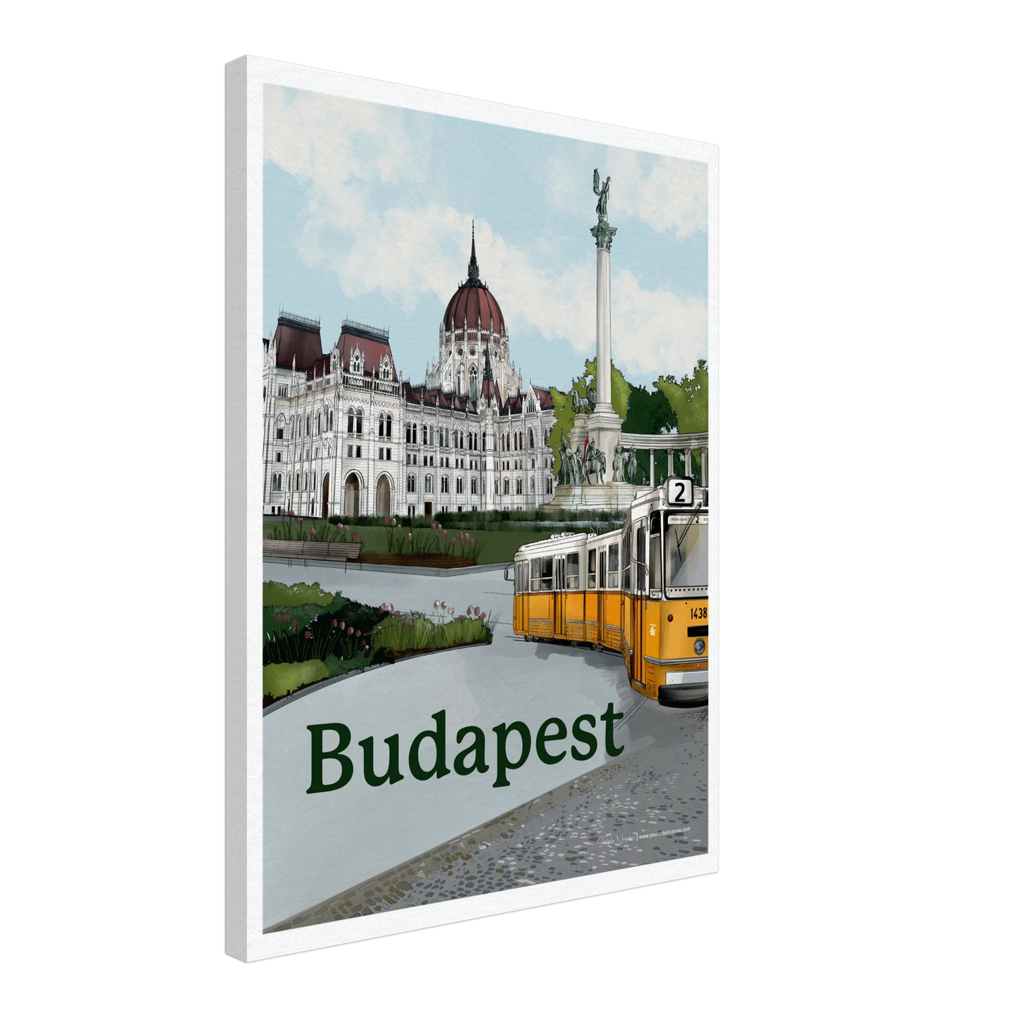 Budapest - Bold Typography on canvas, size 45x60cm, with a contemporary design showcasing the Parliament, Heroes' Square, and Budapest's famous yellow tram moving through historic streets.