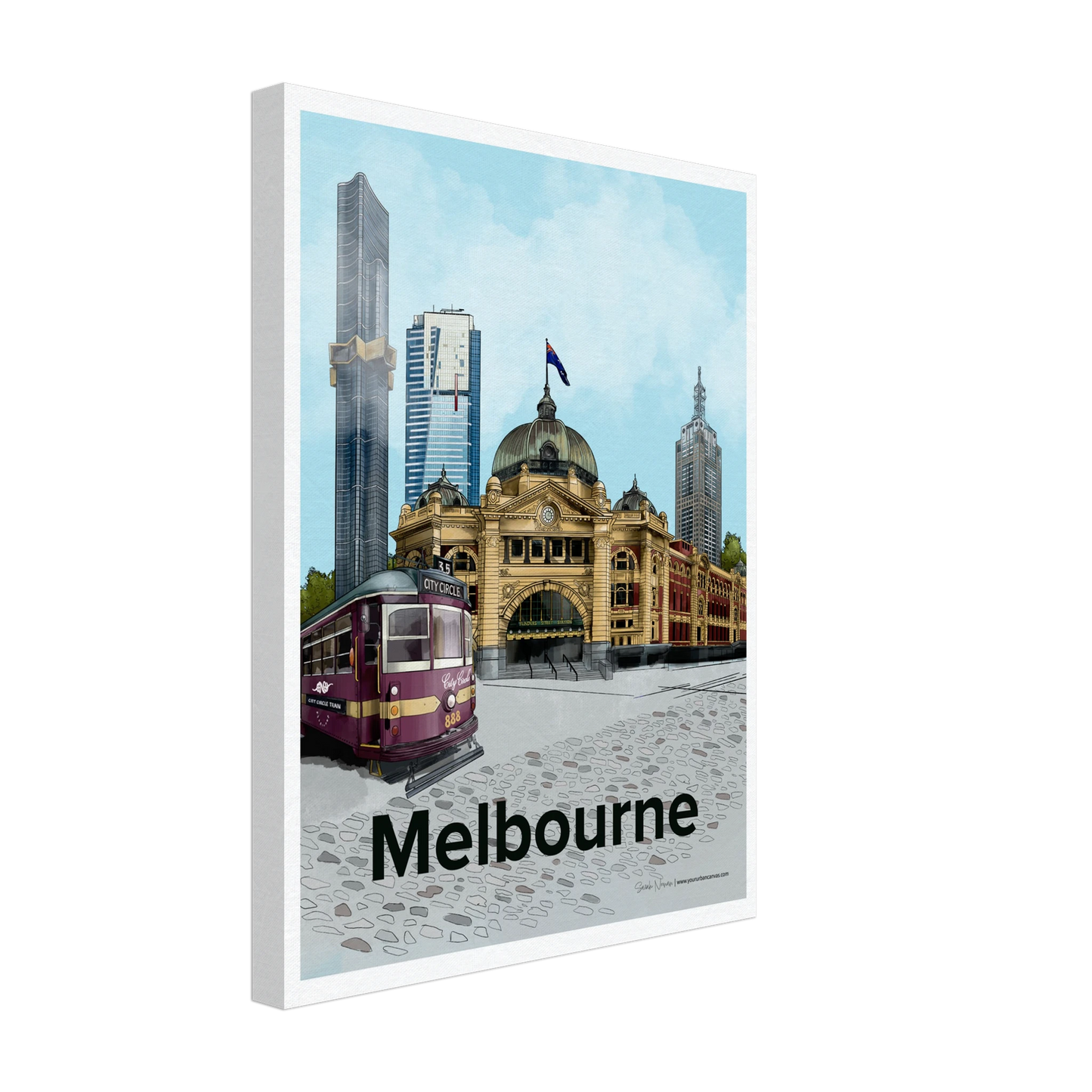 Melbourne - Bold Typography canvas, size 30x40cm, showcasing the city skyline with Flinders Street Station, the City Circle Tram, and modern architecture.