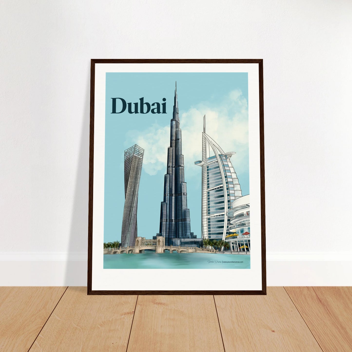 Dubai - Bold Typography city print, 45x60cm with dark wood frame - showcasing Burj Khalifa, Burj Al Arab, Cayan Tower, and Dubai Mall in vivid, striking detail. A statement wall art piece for modern interiors.
