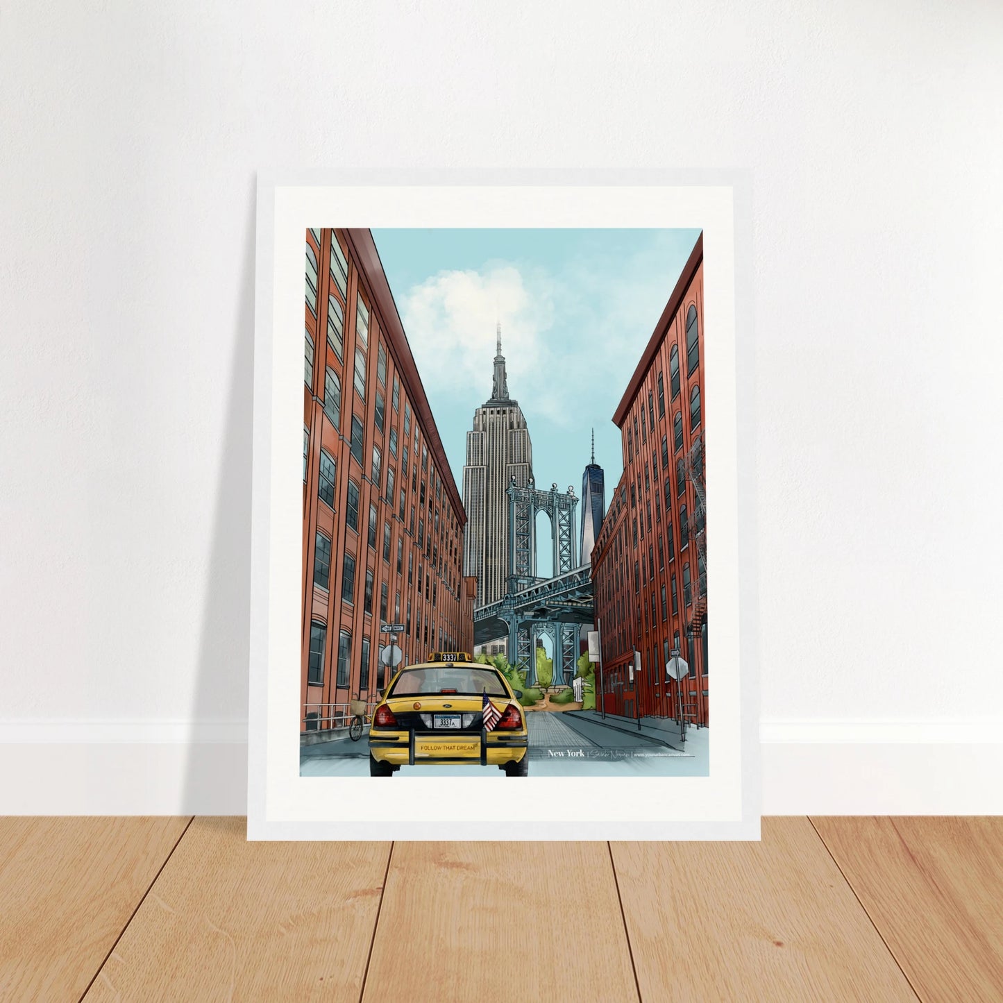 New York - Subtle Title print, size 30x40cm, framed in white, highlighting the famous yellow cab and street signage with the iconic Empire State Building in the background.
