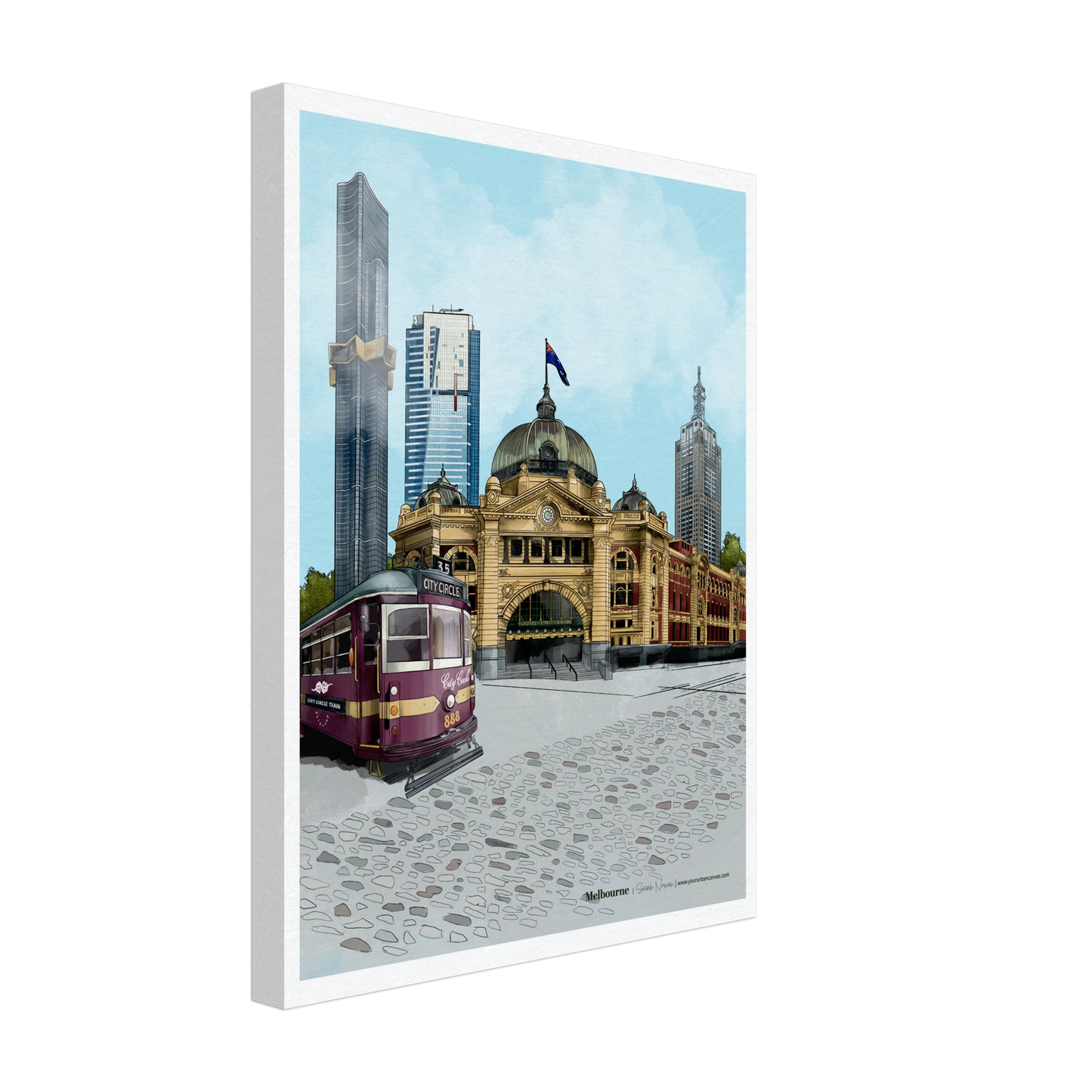 Melbourne - Subtle Title print, size 30x40cm, on canvas, featuring the impressive Australia 108, Eureka Tower, Flinders Street Station, and the City Circle Tram in Melbourne's cityscape.
