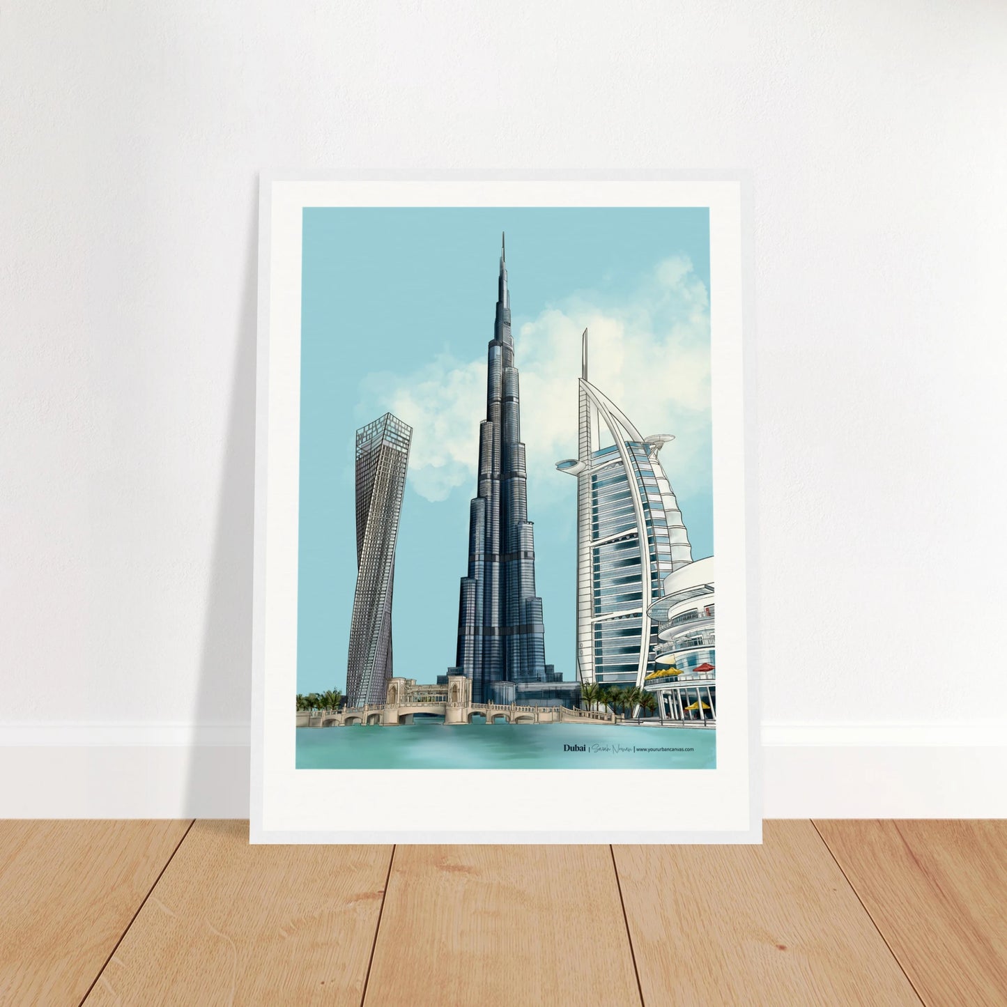 Dubai - Subtle Typography city print,45x60cm with white frame - highlighting Burj Khalifa, Burj Al Arab, Cayan Tower, and Dubai Mall in delicate shades for a bright, elegant display.
