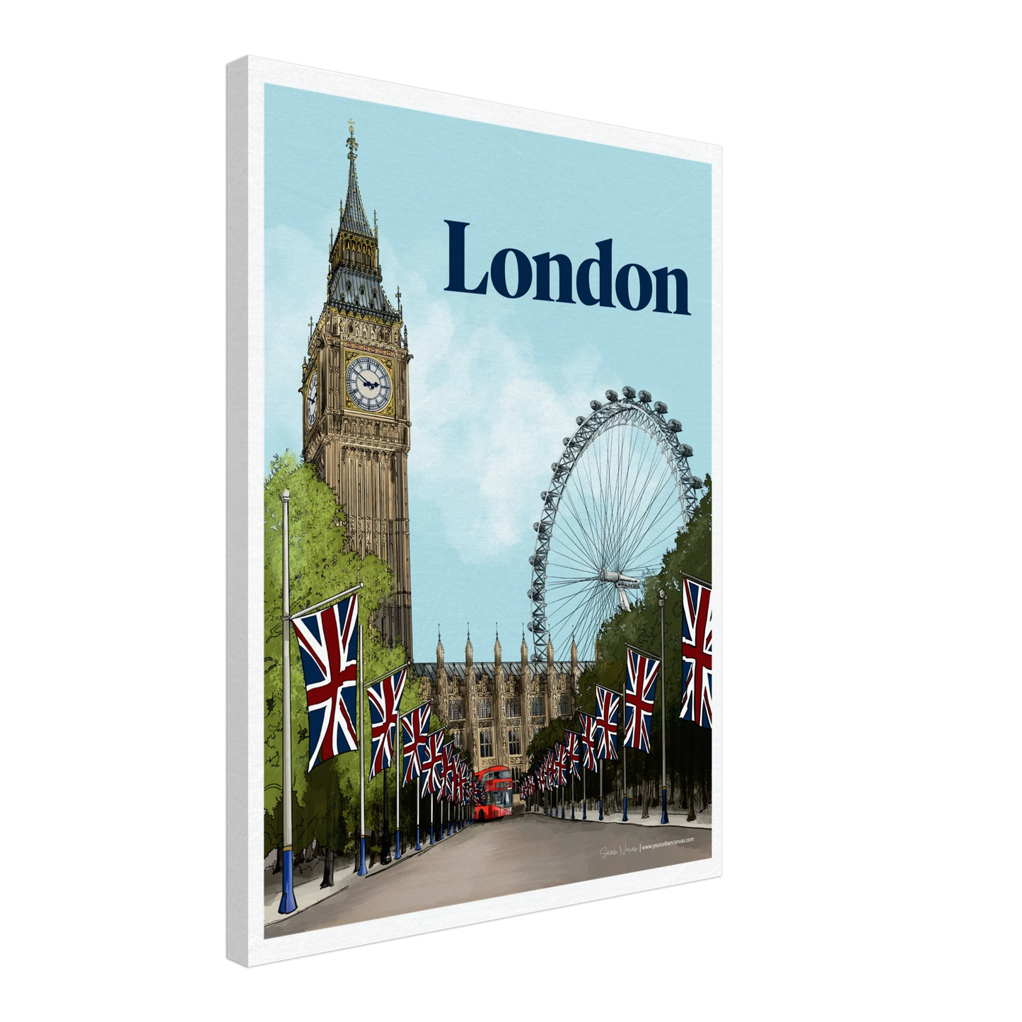 London - Bold Typography on canvas, size 45x60cm, blending large typography with a backdrop of iconic London landmarks.